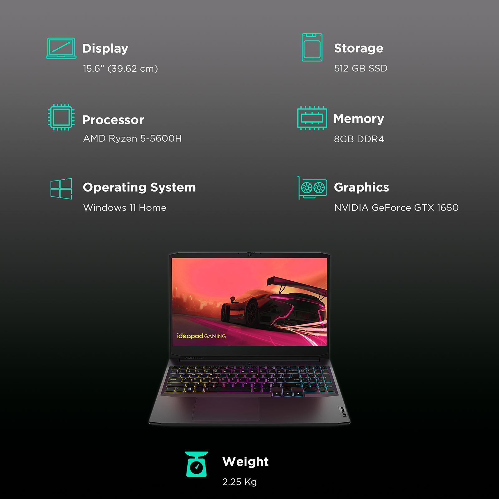 Lenovo IdeaPad Gaming 3 15ACH6 AMD Ryzen 5 (15.6 inch, 8GB, 512GB, Windows 11 Home, MS Office 2021, NVIDIA GeForce GTX 1650, FHD IPS Display, Shadow Black, 82K2025JIN)_3