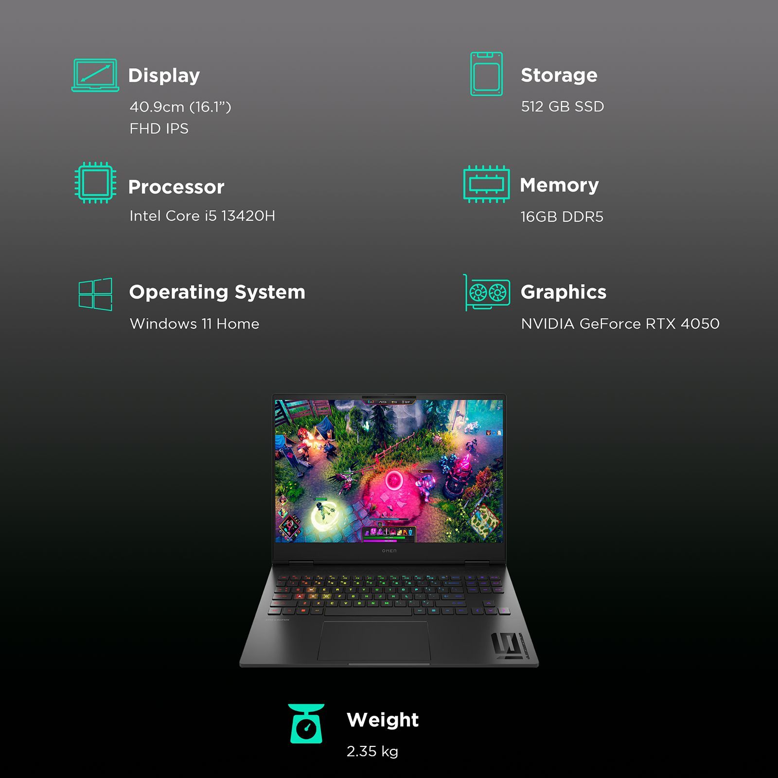 HP OMEN 16-wd0990TX Intel Core i5 13th Gen (16.1 inch, 16GB, 512GB, Windows 11 Home, MS Office 2021, NVIDIA GeForce RTX 4050, FHD IPS Display, Shadow Black, 88Y66PA)_3