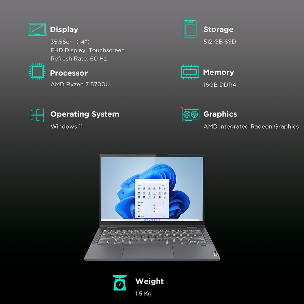 Lenovo IdeaPad Flex 5 14ALC7 AMD Ryzen7 (14 inch, 16GB, 512GB, Windows 11, MS Office 2021, AMD Radeon, FHD Display, Graphite Grey, 82R900D4IN)_3
