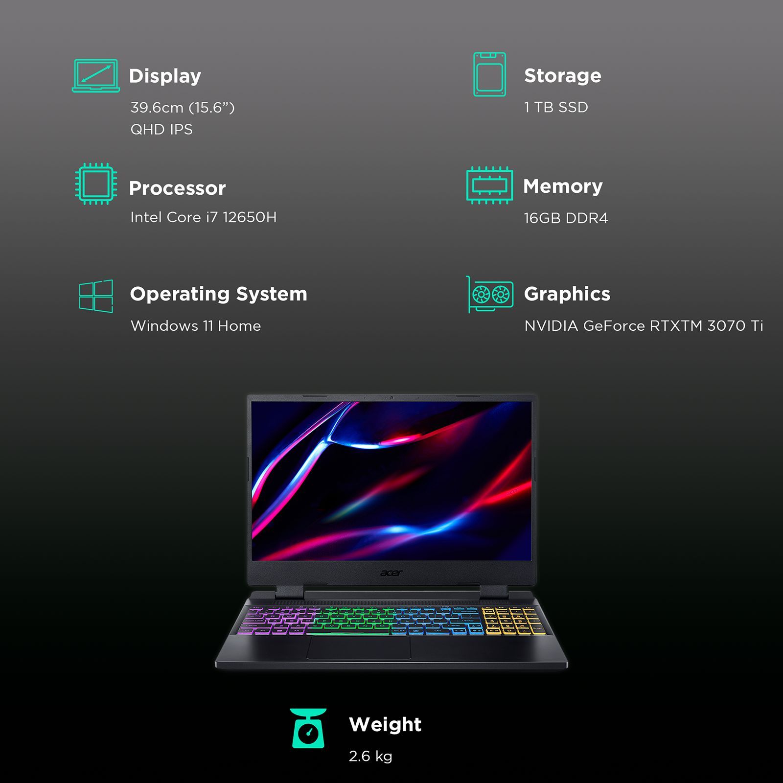 acer Nitro 5 Intel Core i7 12th Gen Gaming Laptop (16GB, 1TB SSD, Windows 11 Home, 8GB Graphics, 15.6 inch 165 Hz QHD IPS Display, NVIDIA GeForce RTX 3070 Ti, Black, 2.6 KG)_3