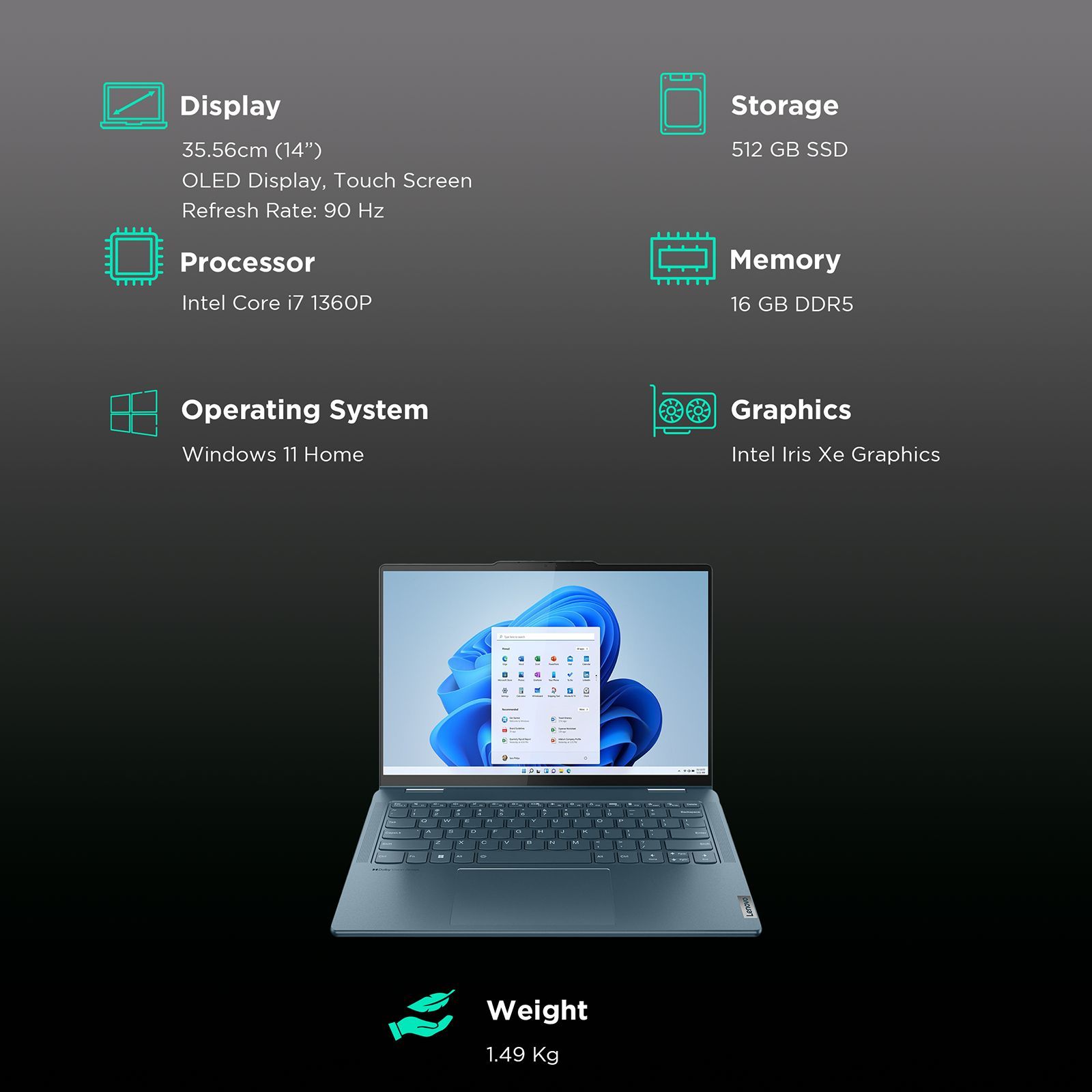 Lenovo Yoga 7 14IRL8 Intel Core i7 13th Gen (14 inch, 16GB, 512GB, Windows 11 Home, MS Office 2021, Intel Iris Xe Graphics, OLED Display, Tidal Teal, 82YL005YIN) Lenovo Yoga 7 14IRL8 Intel Core i7 13th Gen (14 inch, 16GB, 512GB, Windows 11 Home, MS Office 2021, Intel Iris Xe Graphics, OLED Display, Tidal Teal, 82YL005YIN)_3
