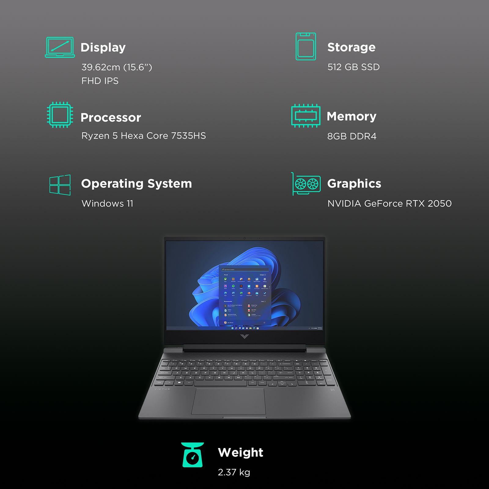 HP Victus 15-fb1018AX AMD Ryzen 5 (15.6 inch, 8GB, 512GB, Windows 11 Home, MS Office 2021, NVIDIA GeForce RTX 2050, FHD IPS Display, Mica Silver, 8R048PA)_3