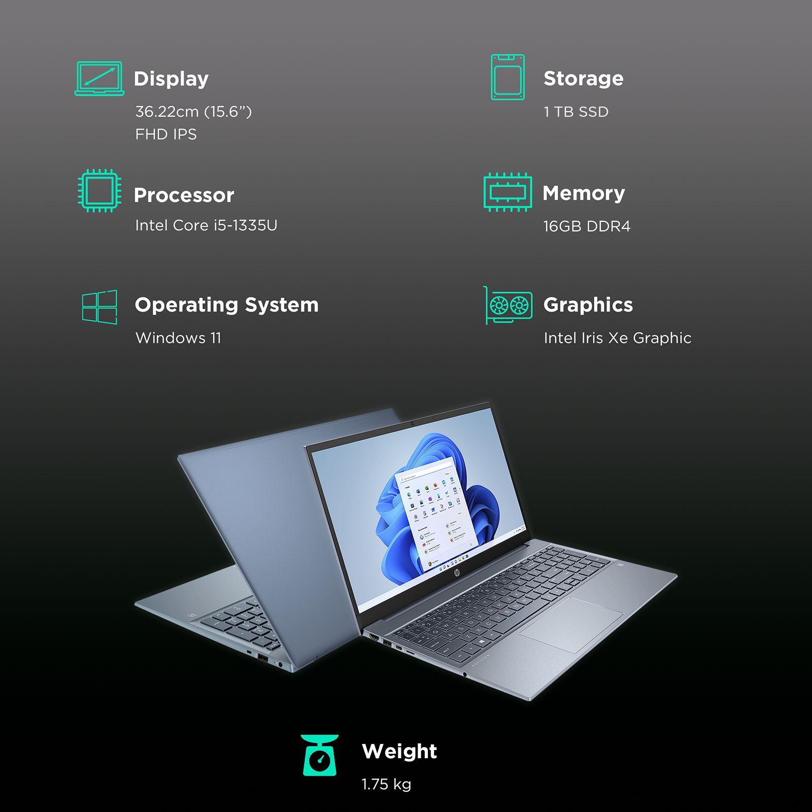 HP Pavilion 15-eg3017TU Intel Core i5 13th Gen (15.6 inch, 16GB, 1TB, Windows 11 Home, MS Office 2021, Intel Iris Xe, Full HD IPS Display, Fog Blue, 8U5G0PA)_3