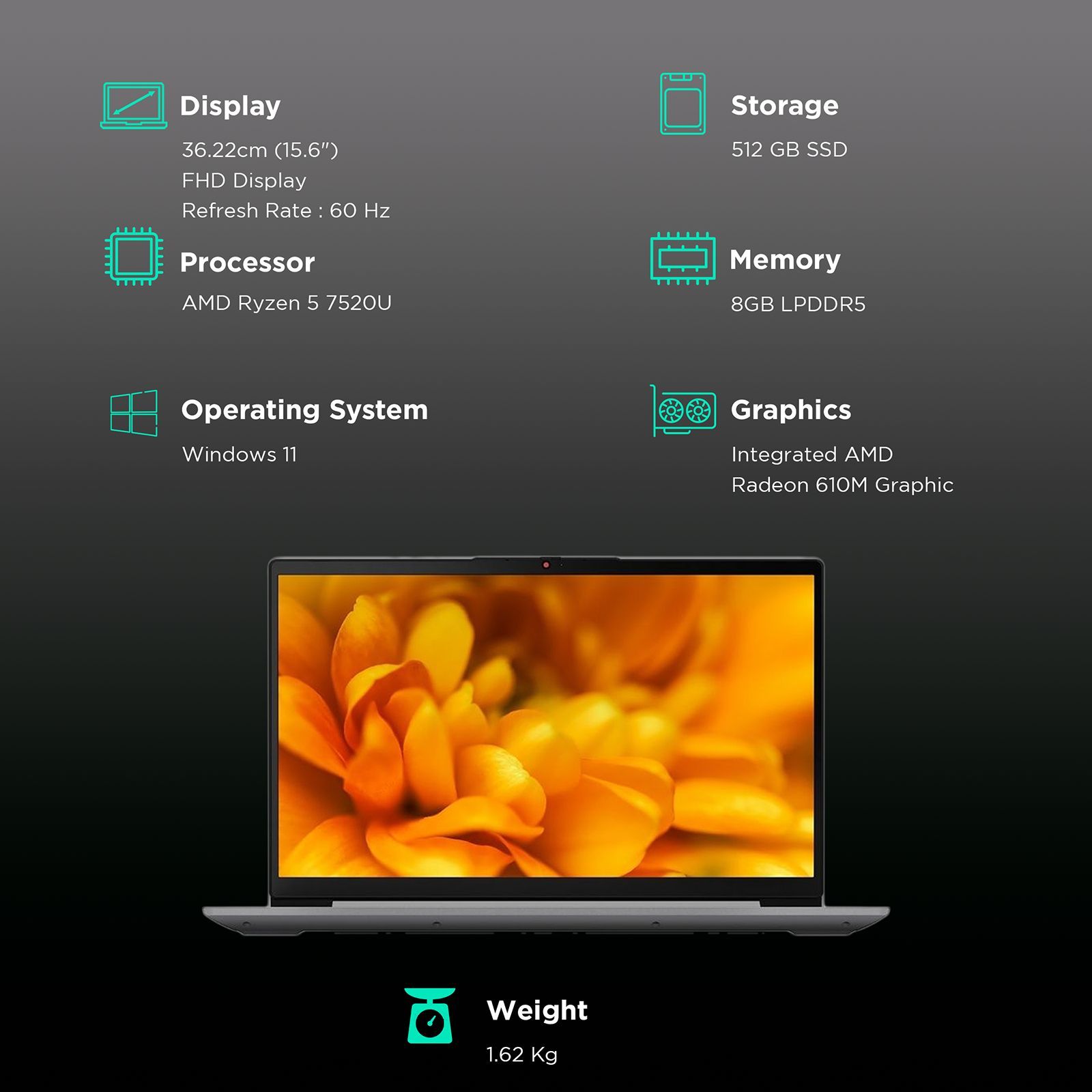 Lenovo IdeaPad Slim 3 15AMN8 AMD Ryzen 5 (15.6 inch, 8GB, 512GB, Windows 11 Home, MS Office 2021, AMD Radeon 610M, FHD IPS Display, Arctic Grey, 82XQ008UIN)_3