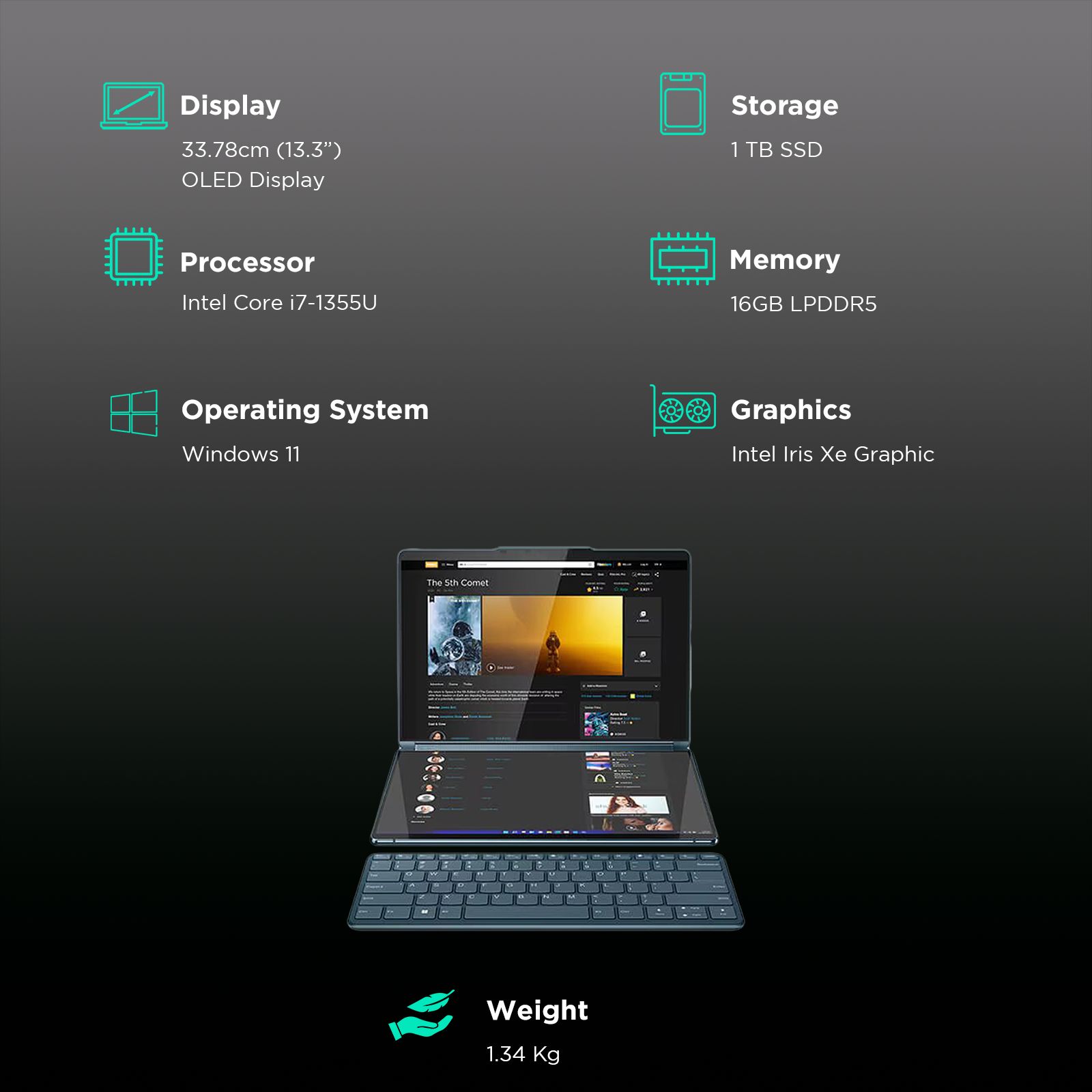 Lenovo Yoga Book 9 13IRU8 Intel Core i7 13th Gen (13.3 inch, 16GB, 1TB, Windows 11 Home, MS Office 2021, Intel Iris Xe, OLED Display, Tidal Teal, 82YQ001DIN)_3