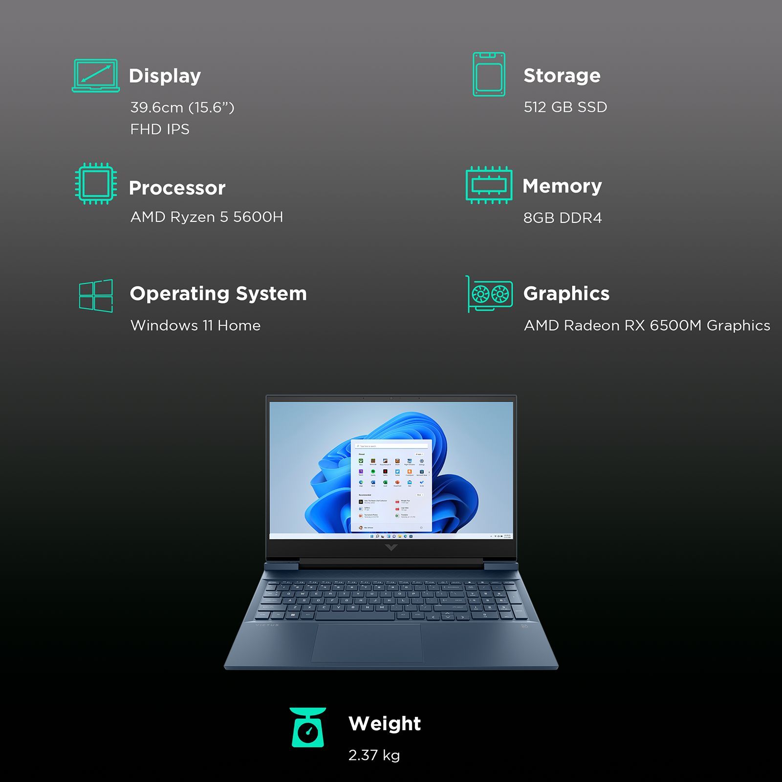 HP Victus 15-fb0153AX AMD Ryzen 5 (15.6 inch, 8GB, 512GB, Windows 11 Home, MS Office 2021, AMD Radeon RX 6500M, FHD IPS Display, Performance Blue, 8H5K2PA)_2