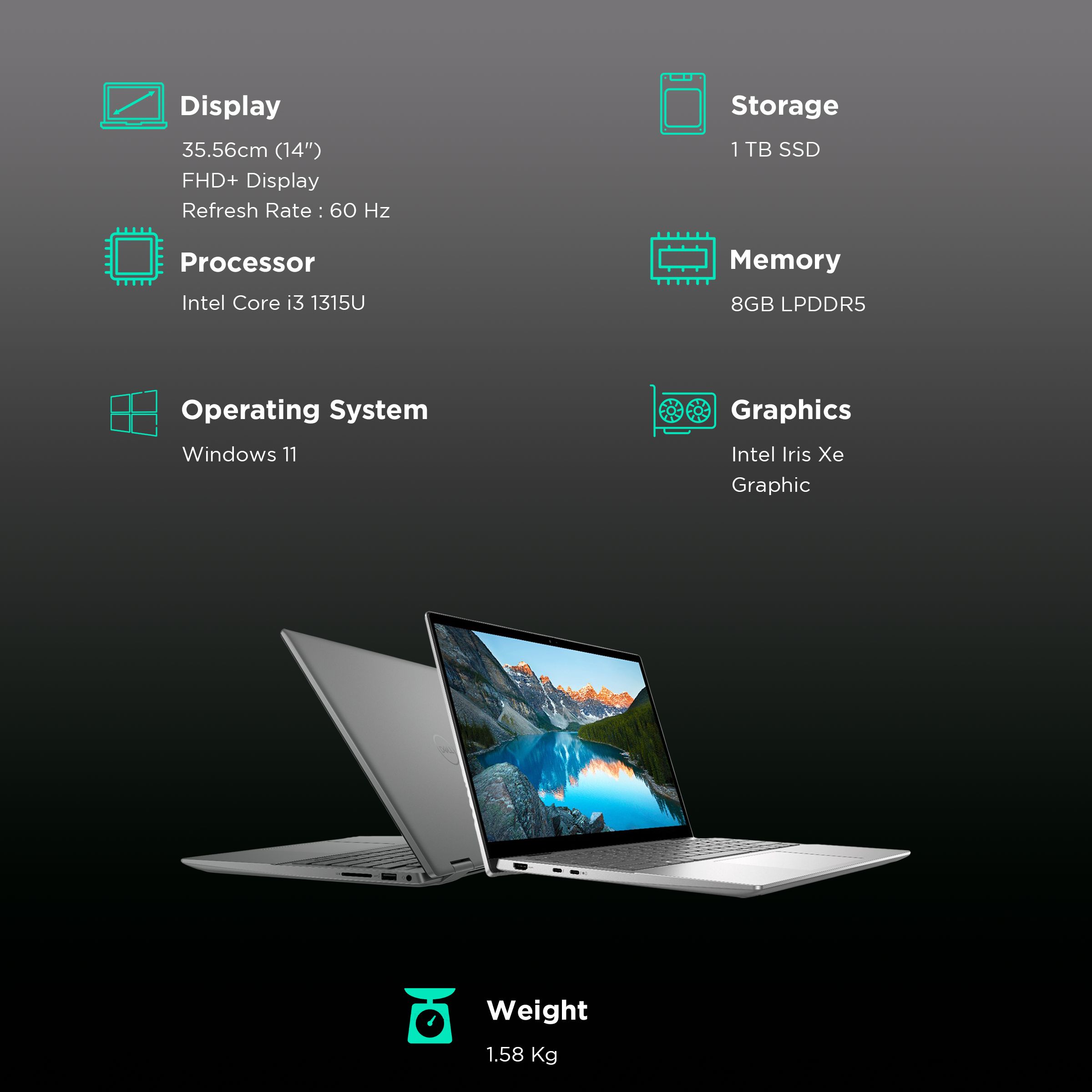 DELL Inspiron 7430 Intel Core i3 13th Gen (14 inch, 8GB, 1TB, Windows 11, MS Office 2021, Intel Iris Xe, Full HD Plus Display, Platinum Silver, IC7430XYW6F001ORS1)_2