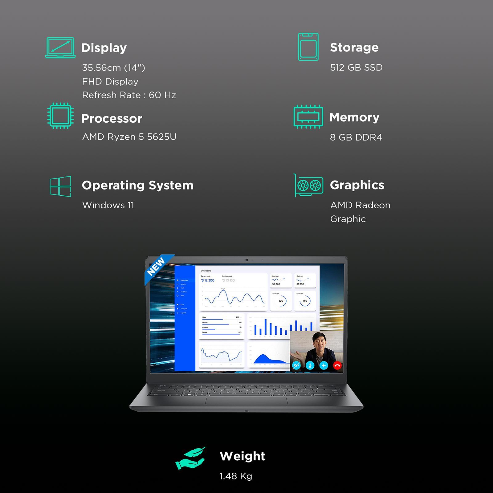 DELL Vostro 3425 AMD Ryzen 5 (14 inch, 8GB, 512GB, Windows 11 Home, MS Office, AMD Radeon, FHD Display, Carbon Black, D552306WIN9BE)_3