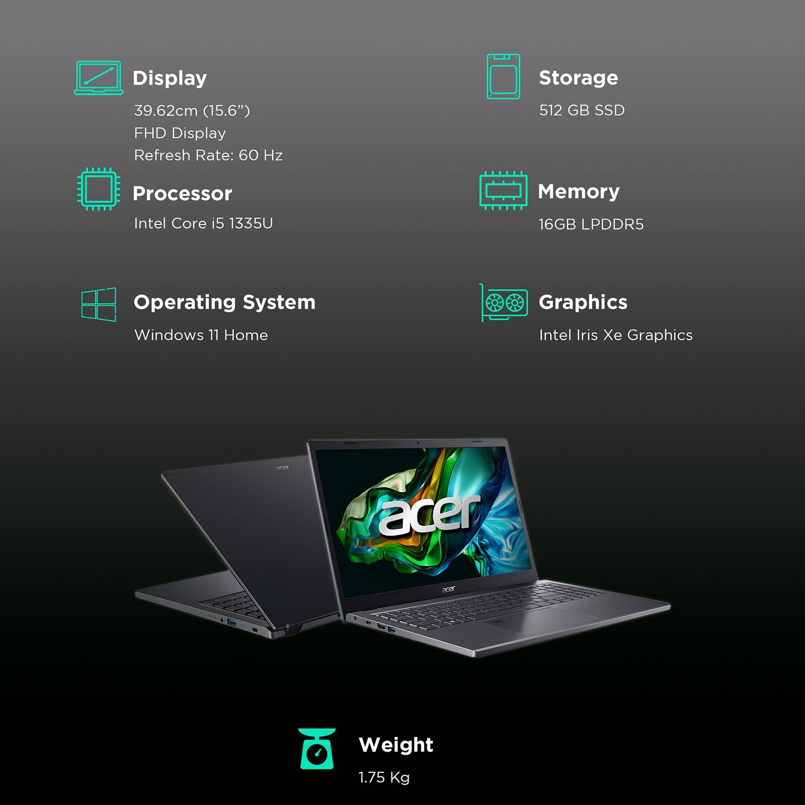 acer Aspire 5 Intel Core i5 13th Gen Thin and Light Laptop (16GB, 512GB SSD, Windows 11 Home, 15.6 inch Full HD IPS Display, MS Office 2021, Steel Gray, 1.75 KG)_3