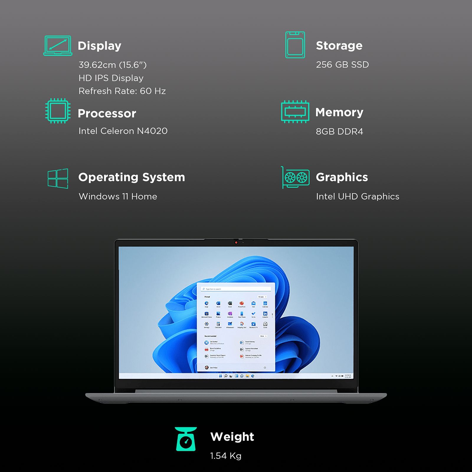 Lenovo IdeaPad 1 15IGL7 Intel Celeron N4020 Thin & Light Laptop (8GB, 256GB SSD, Windows 11 Home, 15.6 inch HD TN Display, MS Office 2021, Cloud Grey, 1.54 KG)_3