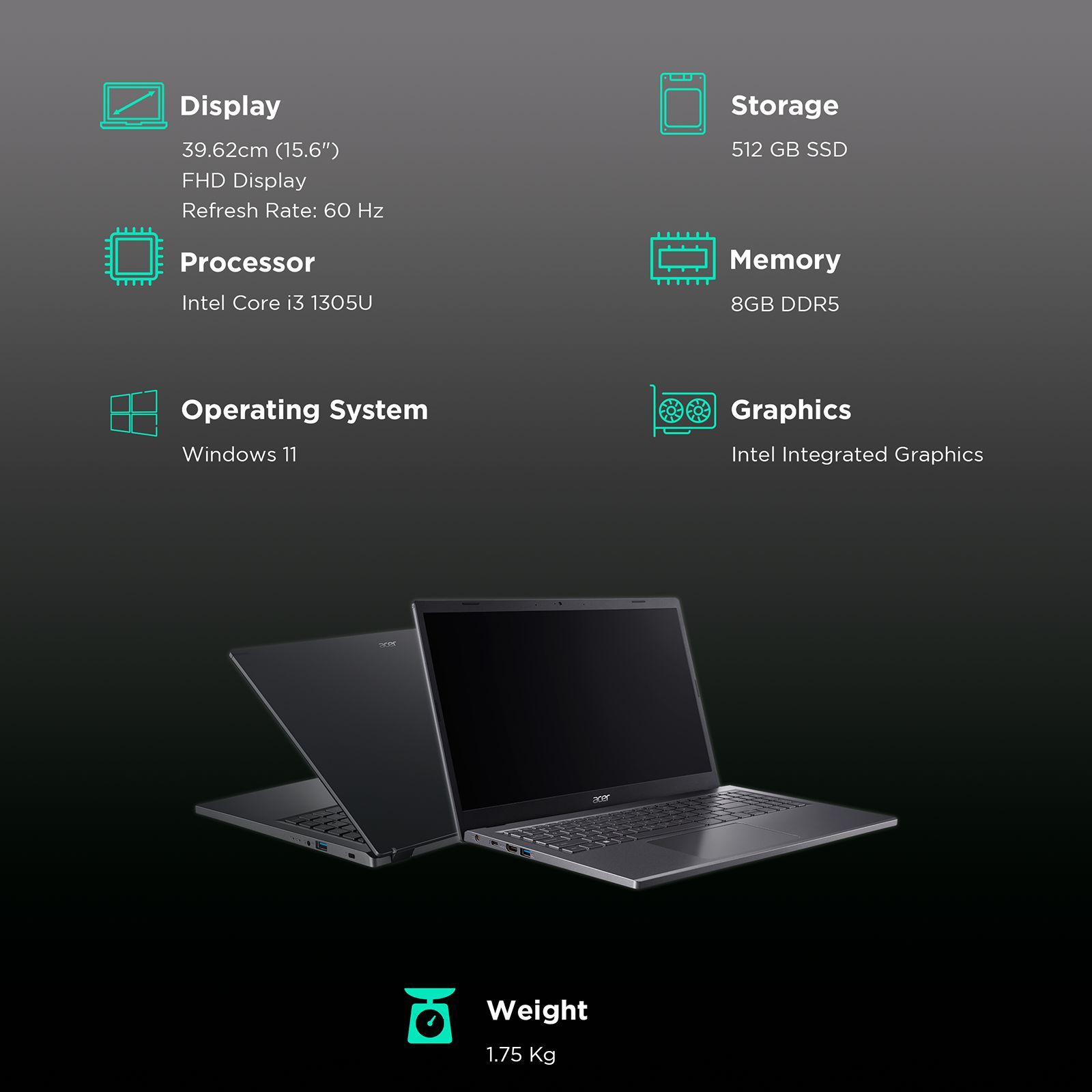 acer Aspire 5 A515-58M Intel Core i3 13th Gen Thin and Light Laptop (8GB, 512GB SSD, Windows 11 Home, 15.6 inch FHD Display, MS Office 2021, Steel Grey, 1.75 KG)_3