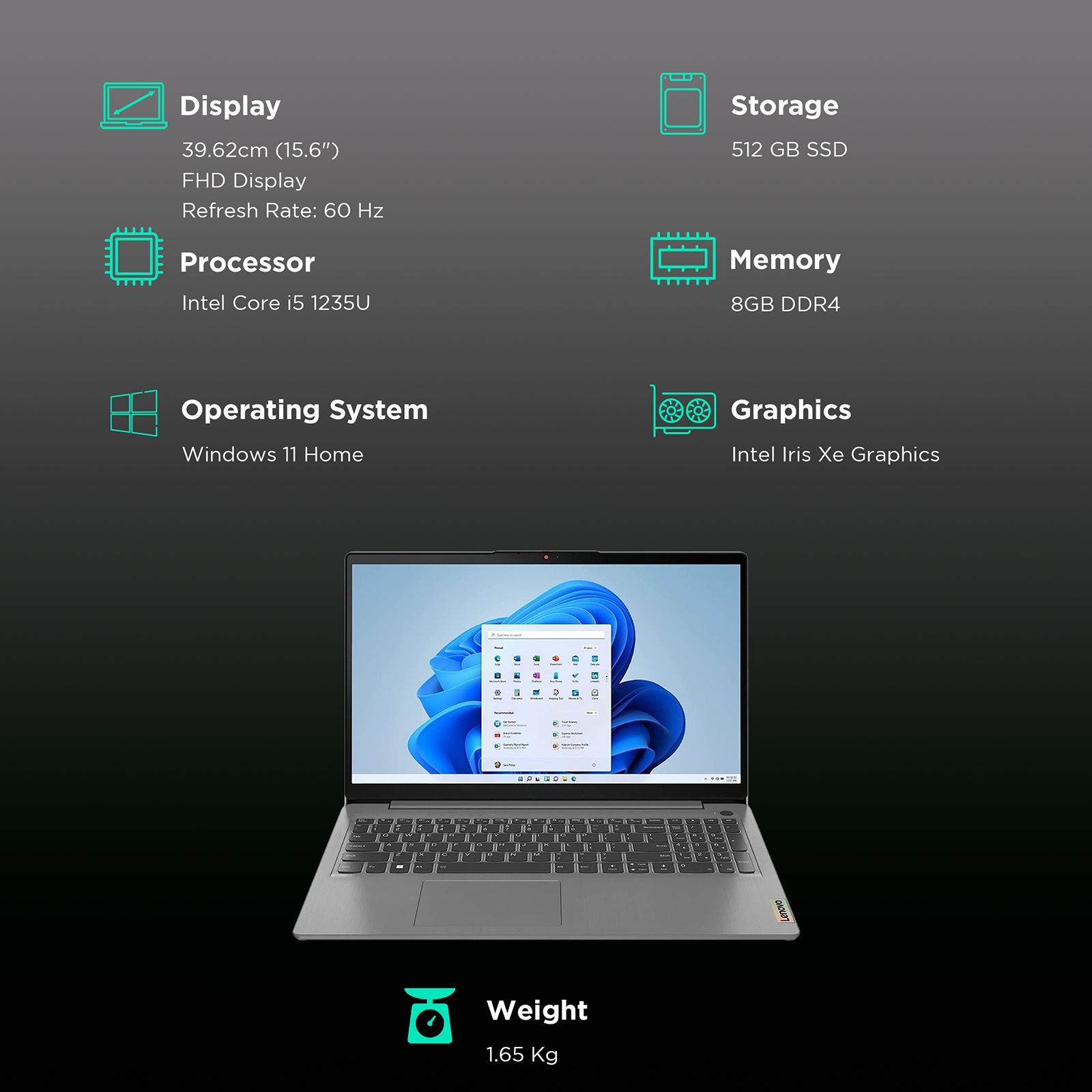 Lenovo IdeaPad 3 Intel Core i5 12th Gen (15.6 inch, 8GB, 512GB, Windows, MS Office 2021, Intel Iris Xe, Full HD Display, Arctic Grey, 82RK00EMIN)_3