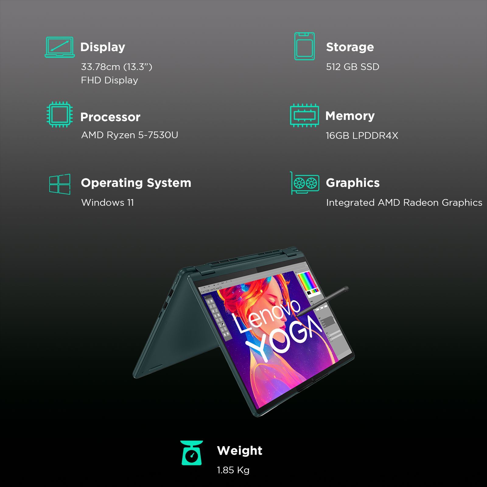 Lenovo Yoga 6 AMD Ryzen 5 (13.3 inch, 16GB, 512GB, Windows, MS Office 2021, AMD Radeon, FHD Display, Dark Teal, 83B2006CIN)_3