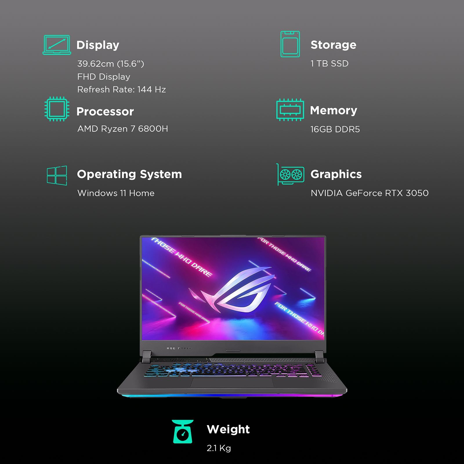ASUS ROG Strix AMD Ryzen 7 Laptop (16GB, 1TB SSD, Windows 11 Home, 4 GB GDDR6 Graphics, 15.6 inch FHD Display, Microsoft Office Home and Student 2021, Grey, 2.1Kg)_2