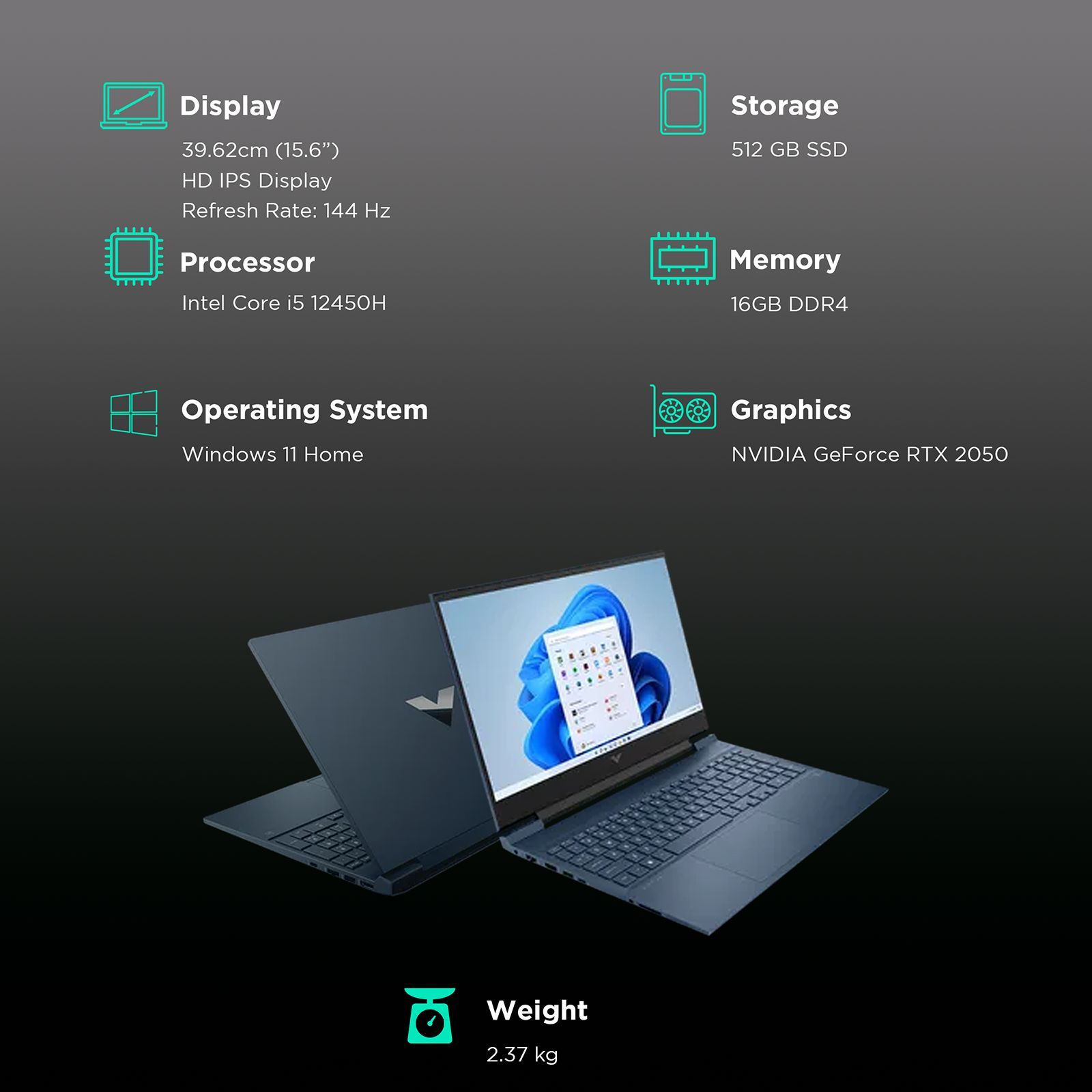 HP Victus Intel Core i5 12th Gen (15.6 inch, 8GB, 512GB, Windows 11 Home, MS Office 2021, NVIDIA GeForce RTX 2050, Full HD Display, Performance Blue, FA1098TX)_2