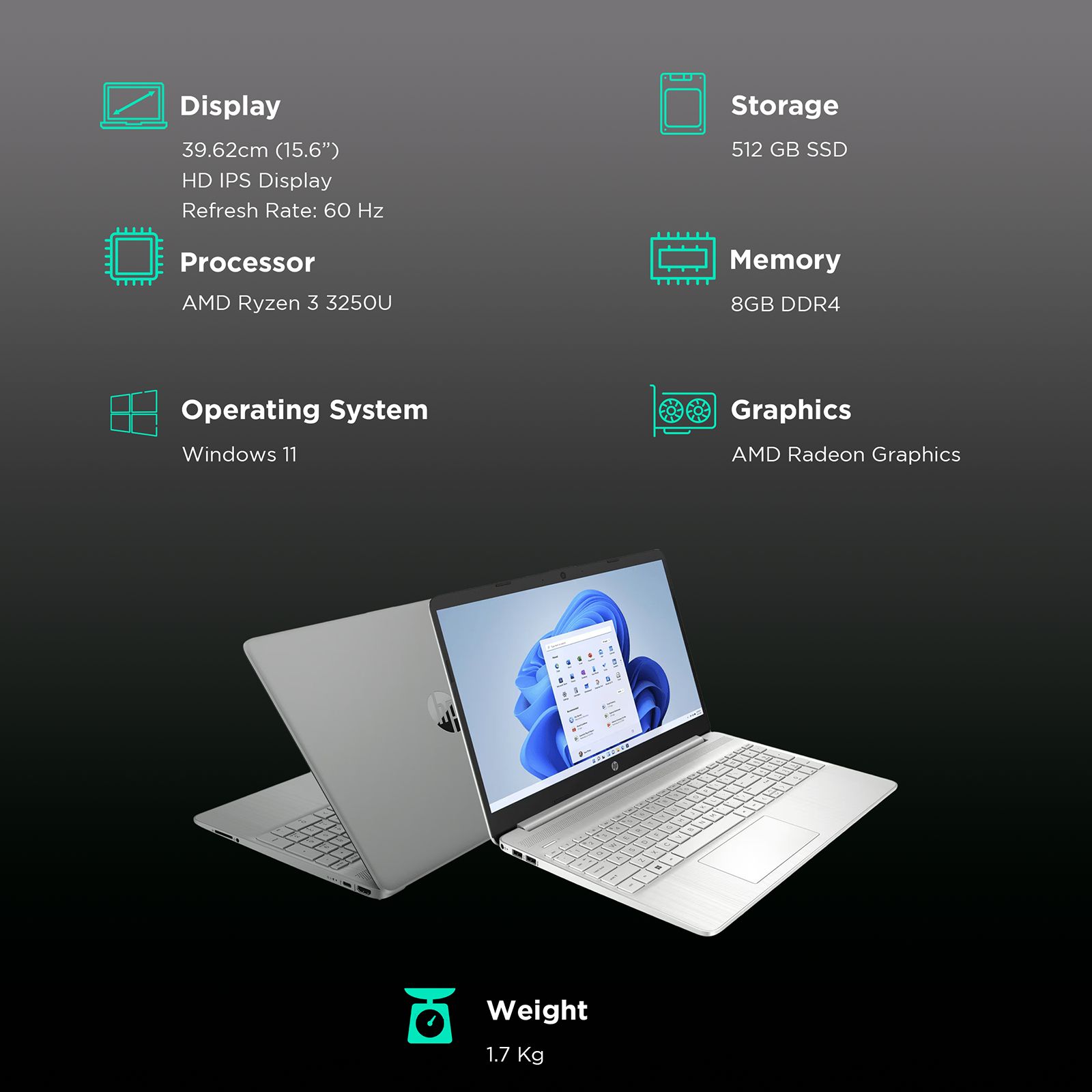 HP EQ1550AU AMD Ryzen 3 (15.6 inch, 8GB, 512GB, Windows 11, AMD Radeon, Full HD Display, Silver, HP15S-EQ1550AU)_3