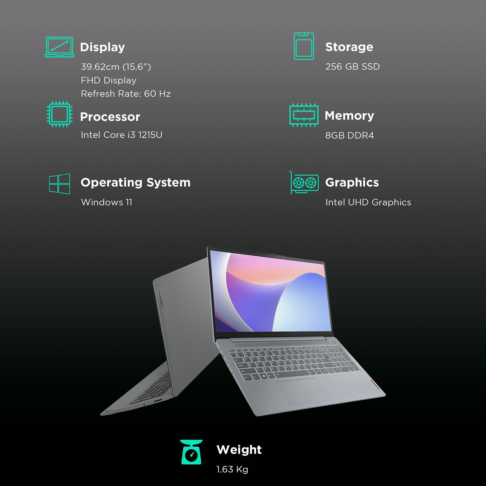 Lenovo Idea Pad 3 15IAU7 Intel Core i3 12th Gen (15.6 inch, 8GB, 256GB, Windows 11, MS Office 2021, Intel UHD, Full HD Display, Grey, 82RK00WXIN)_3