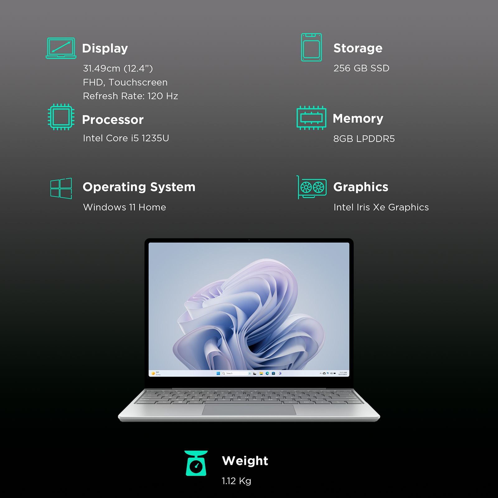 Microsoft Surface Laptop Go 3 Intel Core i5 12th Gen (12.4 inch, 8GB, 256GB, Windows 11 Home, Intel Iris Xe, PixelSense Display, Platinum, XK100045)_3