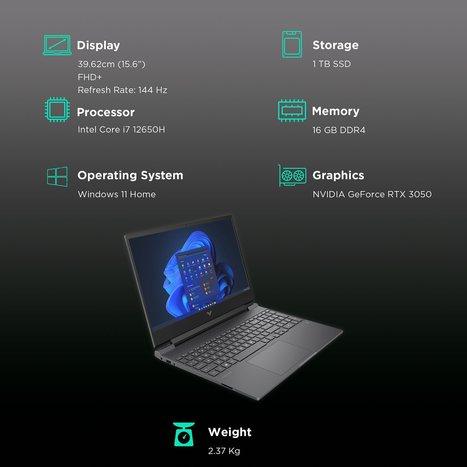 HP Victus Intel Core i7 12th Gen Gaming Laptop (16GB, 1TB SSD, Windows 11 Home, 4GB Graphics, 15.6 inch 144 Hz Full HD IPS Display, NVIDIA GeForce RTX 3050, MS Office 2021, Mica Silver, 2.29 KG)_3