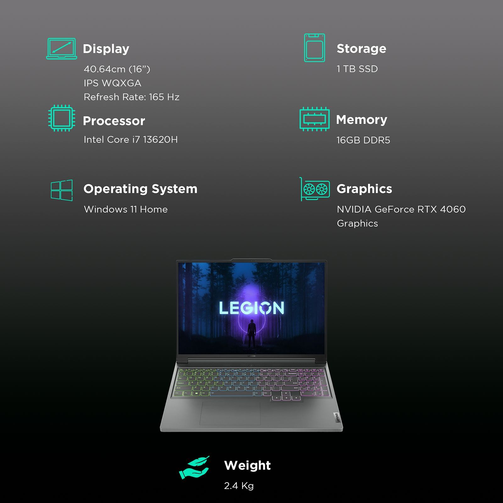 Lenovo Legion Slim 5i Intel Core i7 13th Gen Gaming Laptop (16GB, 1TB SSD, Windows 11 Home, 8GB Graphics, 16 inch 165Hz WQXGA IPS Display, NVIDIA GeForce RTX 4060, MS Office 2021, Storm Grey, 2.4 KG)_3