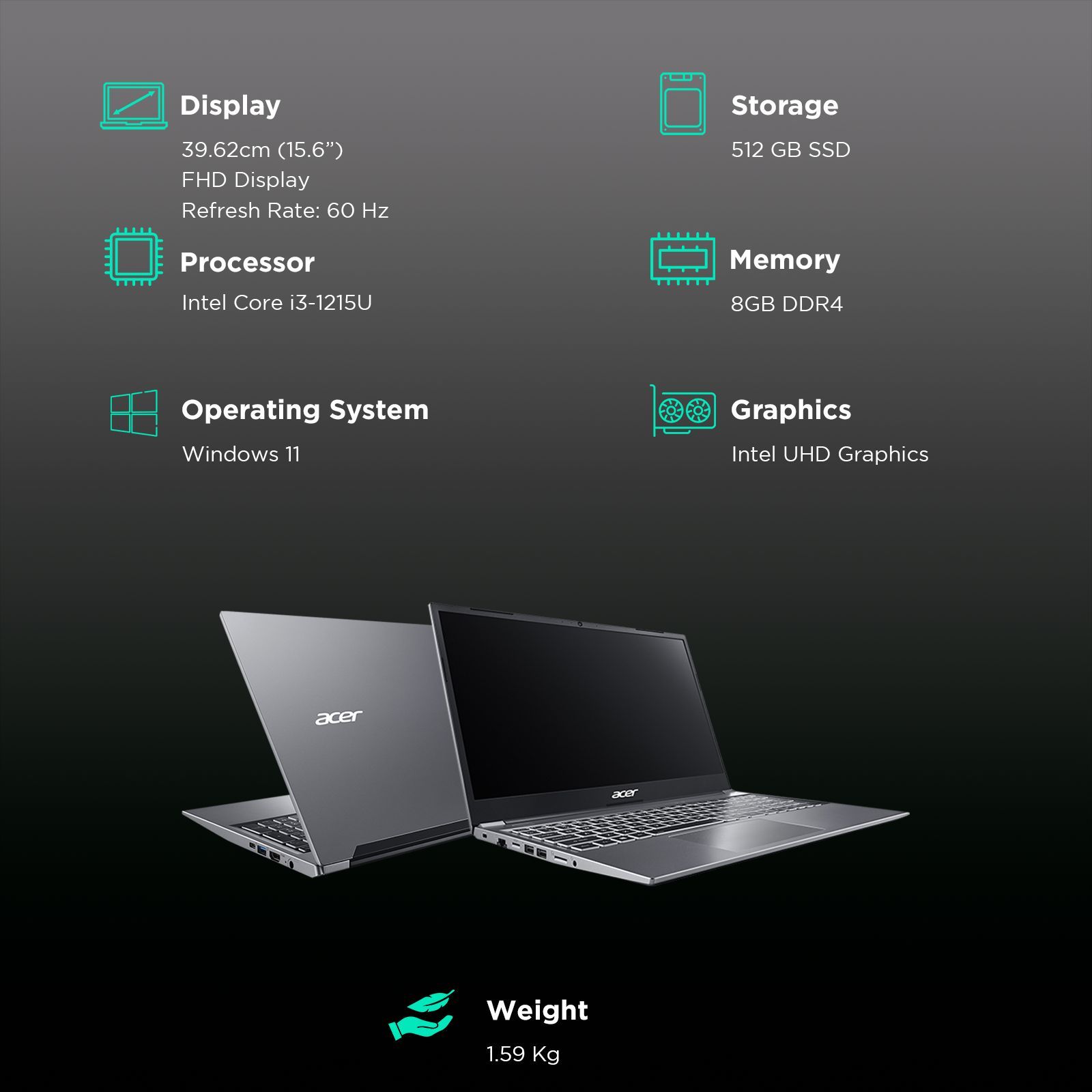 acer Aspire Lite Intel Core i3 12th Gen Laptop (8GB, 512GB SSD, Windows 11 Home, 15.6 inch LED Backlit Display, Steel Gray, 1.59 KG)_3