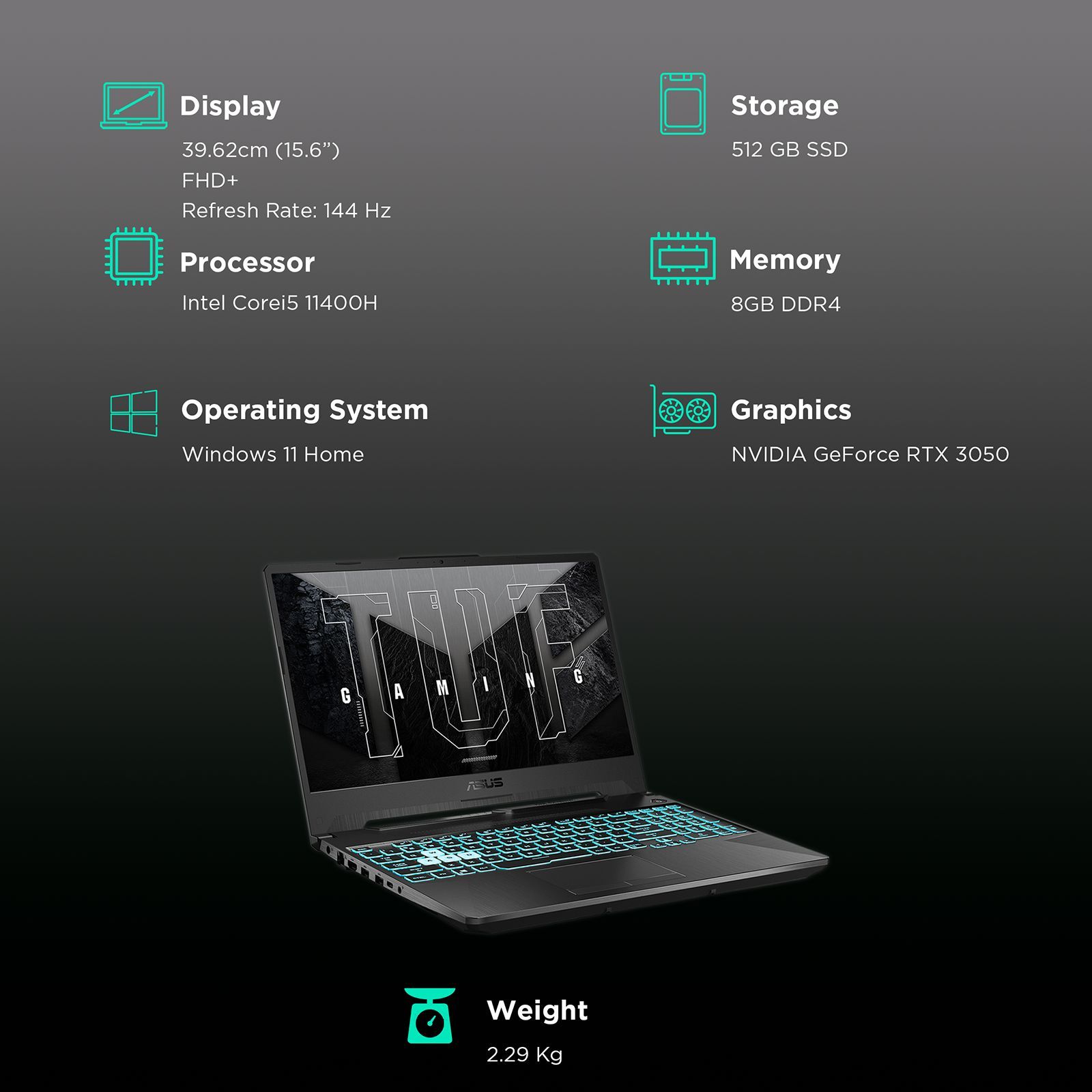 ASUS TUF Gaming Intel Core i5 11th Gen Gaming Laptop (8GB, 512GB SSD, Windows 11 Home, 4GB Graphics, 15.6 inch 144 Hz Full HD IPS Display, NVIDIA GeForce RTX 3050, MS Office 2019, Graphite Black, 2.3 KG)_3