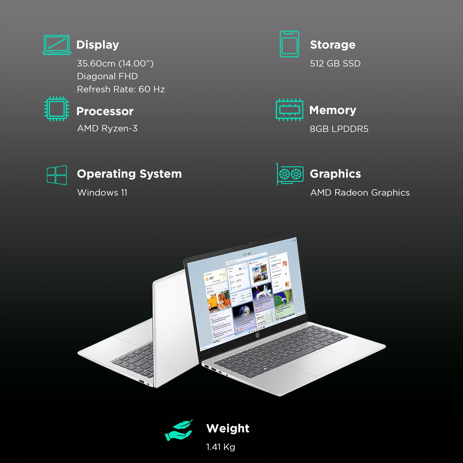 HP 14 EM0025AU AMD Ryen 3 Thin and Light Laptop (8GB, 512GB SSD, Windows 11 Home, 14 inch Full HD Display, MS Office 2021, Natural Silver, 1.4 KG) HP 14 EM0025AU AMD Ryen 3 Thin and Light Laptop (8GB, 512GB SSD, Windows 11 Home, 14 inch Full HD Display, MS Office 2021, Natural Silver, 1.4 KG)_3