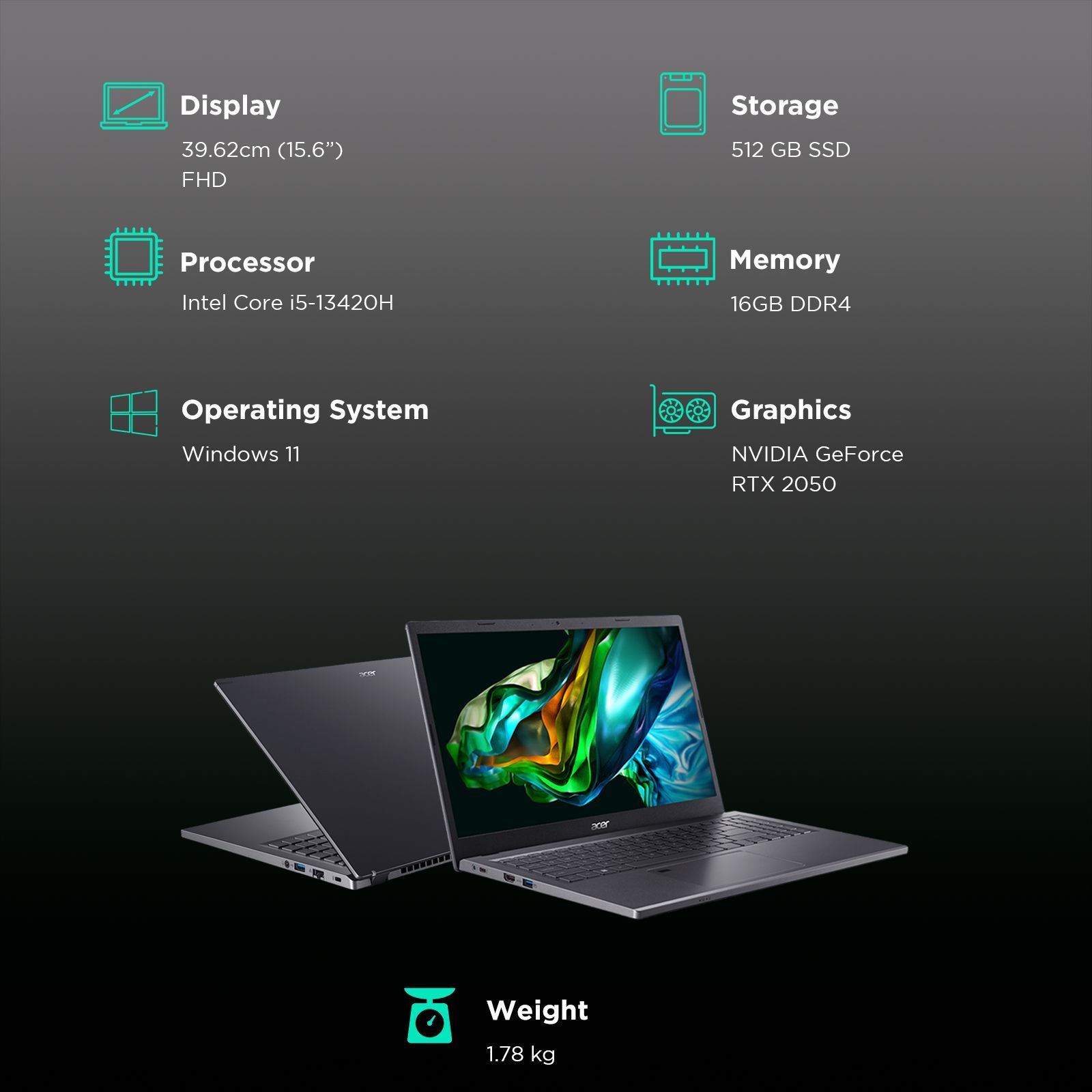 acer Aspire 5 Intel Core i5 13th Gen Gaming Laptop (16GB, 512GB SSD, Windows 11, 4GB Graphics, 15.6 inch 60 Hz FHD IPS Display, NVIDIA GeForce RTX 2050, MS Office 2021, Steel Gray, 1.7 KG)_3