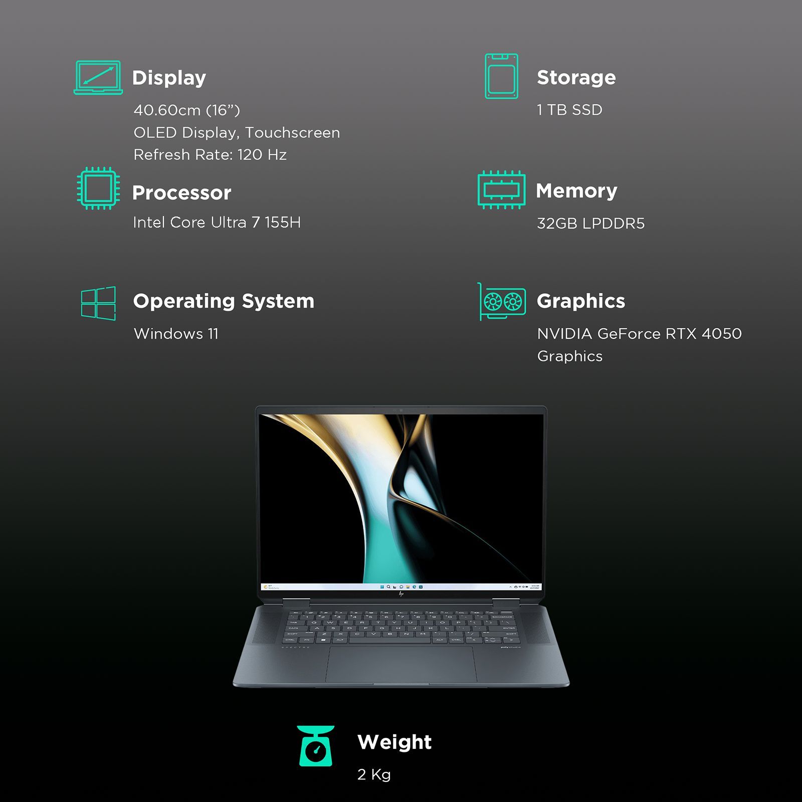 HP Spectre 16 x360 16 aa0664TX Intel Core Ultra 7 Touchscreen 2-in-1 Laptop (32GB, 1TB SSD, Windows 11 Home, 6GB Graphics, 16 inch OLED Display, Space Blue Aluminum, 1.95 KG)_3