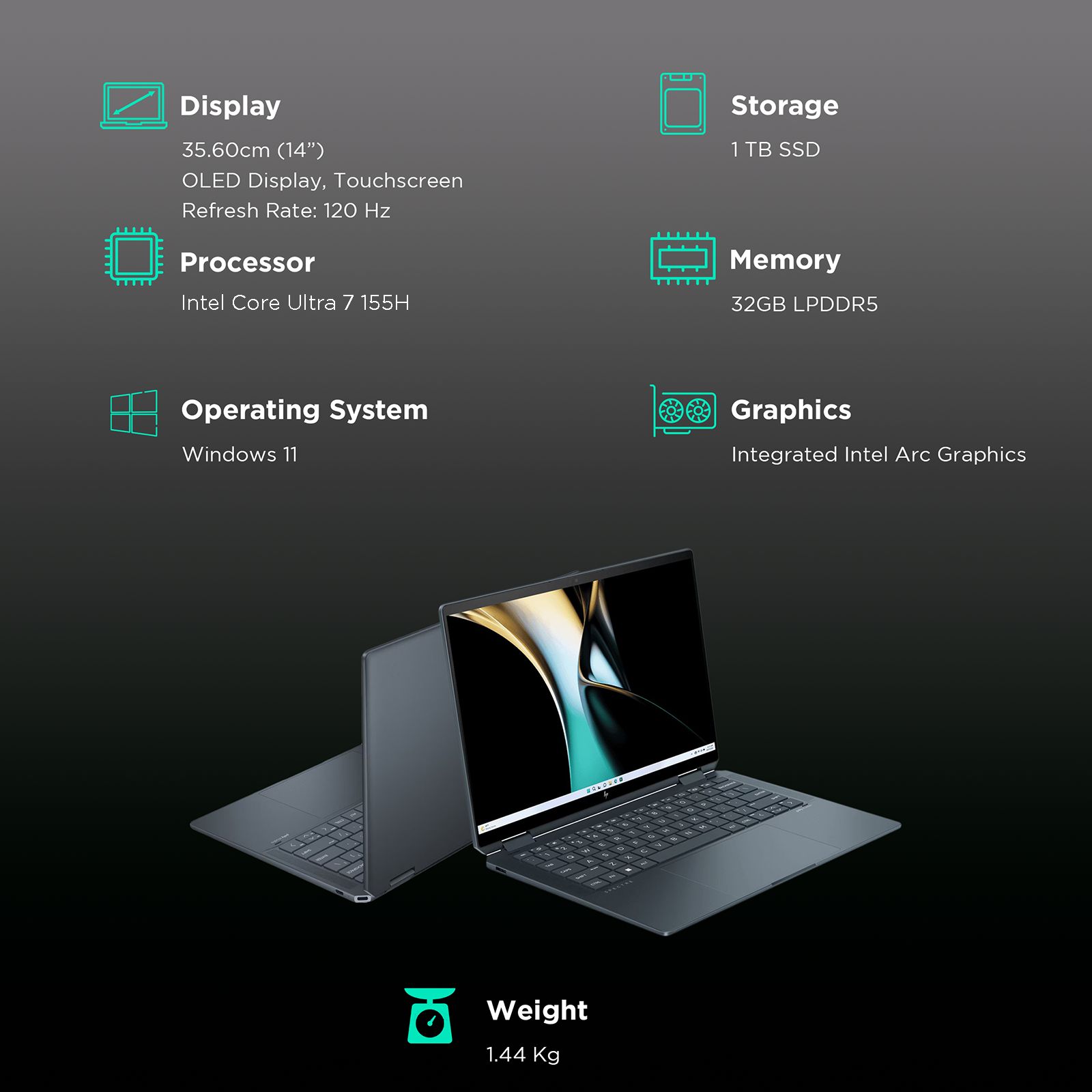 HP Spectre 14 x360 14 eu0556TU Intel Core Ultra 7 Touchscreen 2-in-1 Laptop (32GB, 1TB SSD, Windows 11 Home, 14 inch OLED Display, Slate Blue Aluminum, 1.44 KG)_3