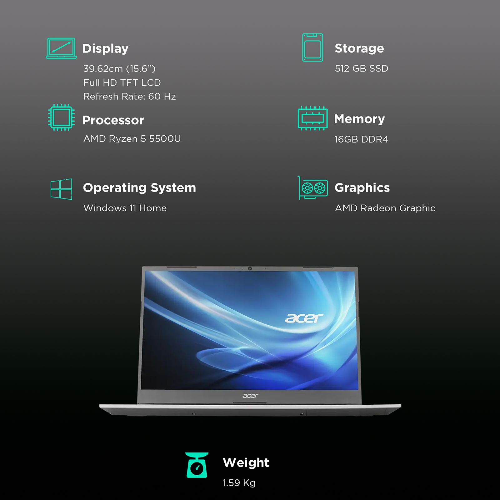 acer Aspire Lite AMD Ryzen 5 Thin & Light Laptop (16GB, 512GB SSD, Windows 11 Home, 15.6 inch Full HD Display, MS Office, Steel Grey, 1.59 KG)_3