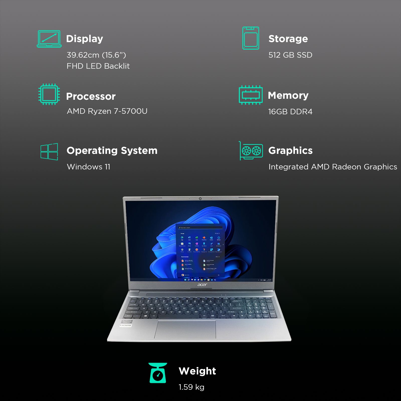 acer AL1541 AMD Ryen 7 Thin & Light Laptop (16GB, 512GB SSD, Windows 11 15.6 inch Full HD LED Backlit Display, MS Office 2021, Steel Gray, 1.59 KG)_3