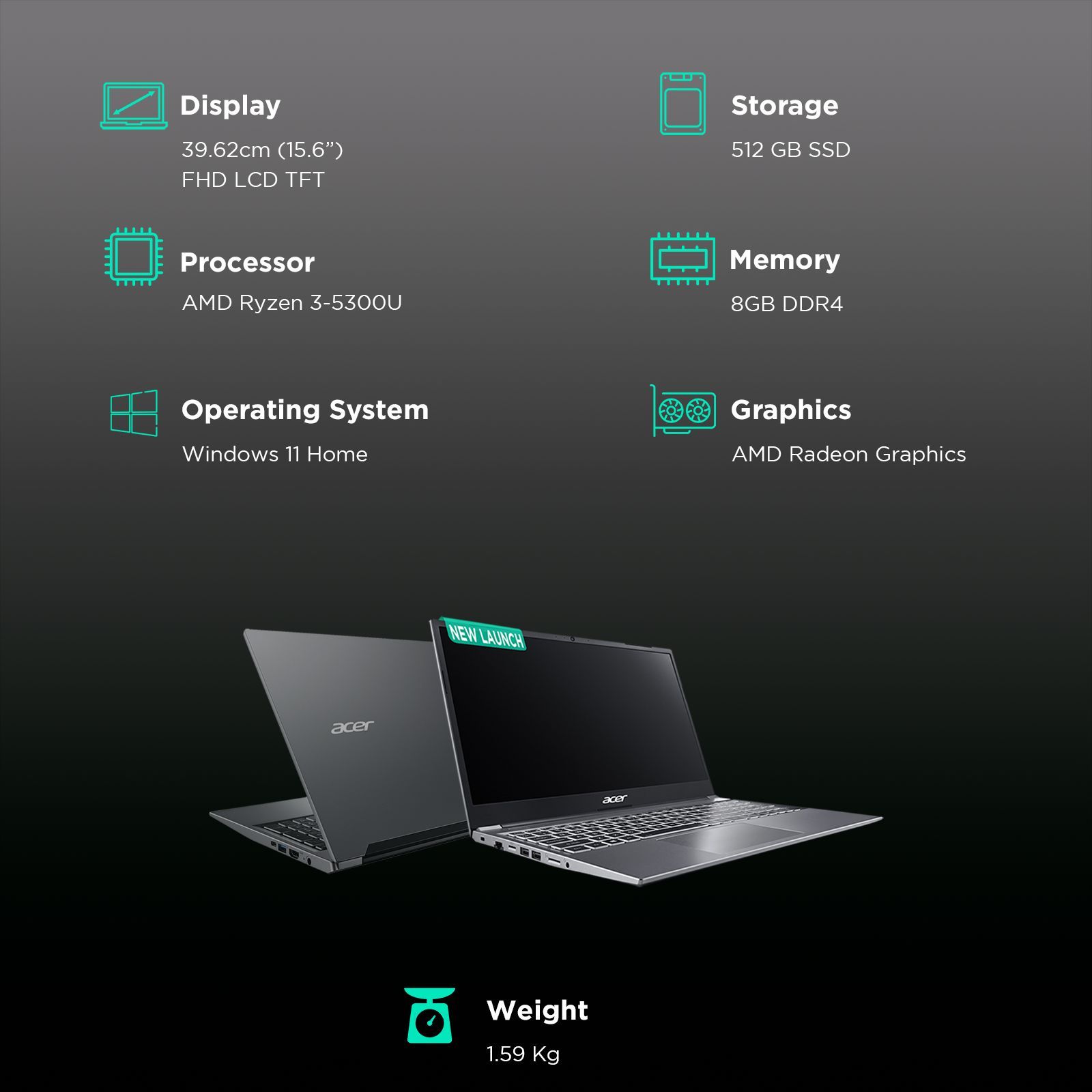 acer AL1541 AMD Ryzen3 Laptop (8GB, 512GB SSD, Windows 11 Home, 15.6 inch Full HD LCD Display, Steel Gray, 1.59 KG)_3