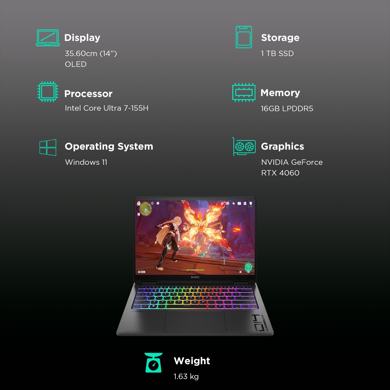 HP Omen 14 fb0007TX Intel Core Ultra 7 Gaming Laptop (16GB, 1TB SSD, Windows 11 Home, 8GB Graphics, 14 inch 120 Hz OLED Display, NVIDIA GeForce RTX 4060, MS Office 365, Shadow Black Aluminum, 1.63 KG)_3