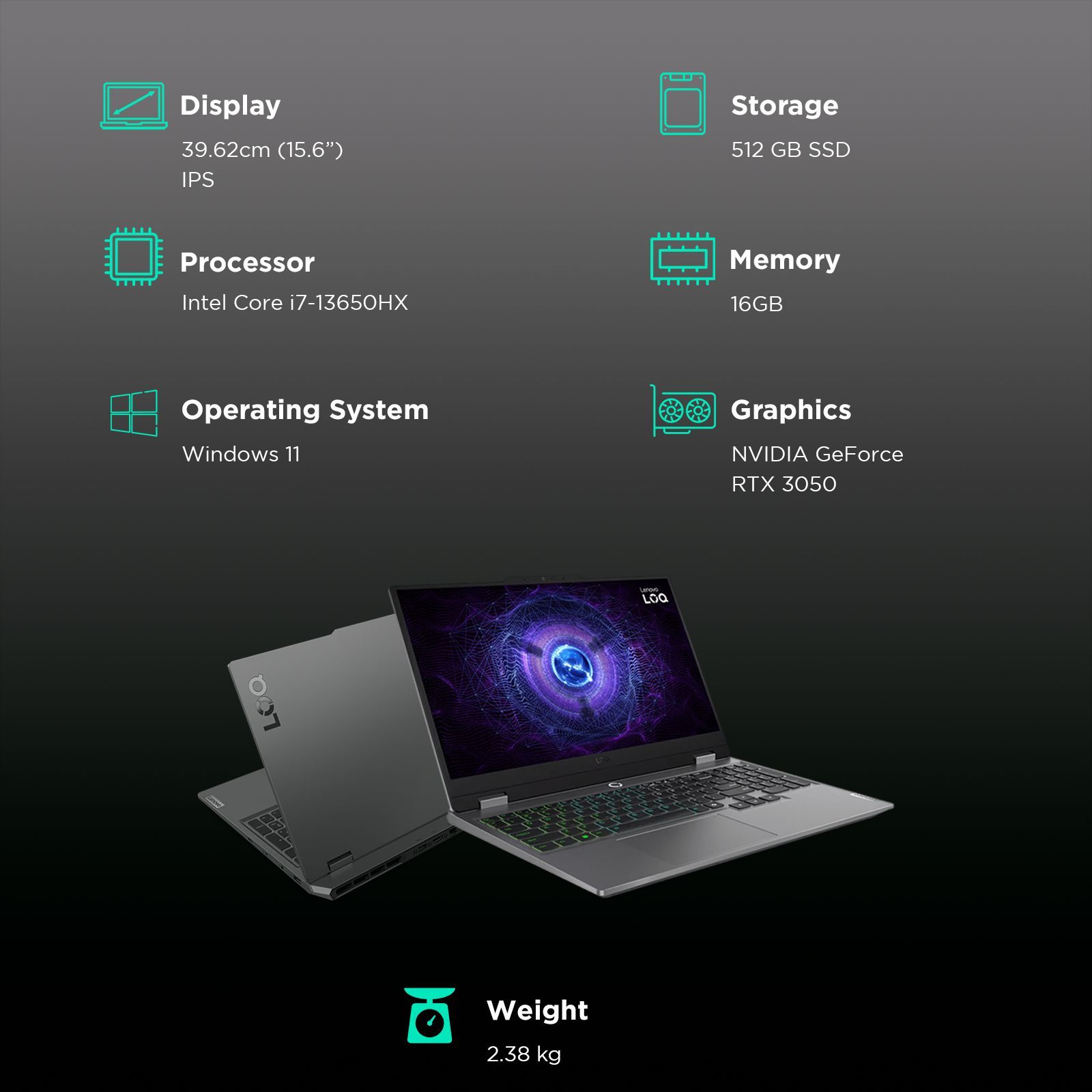 Lenovo LOQ 15IRX9 Intel Core i7 13th Gen Gaming Laptop (16GB, 512GB SSD, Windows 11 Home, 6GB Graphics, 15.6 inch 144 Hz Full HD IPS Display, NVIDIA GeForce RTX 3050, MS Office Home & Student 2021, Luna Grey, 2.38 KG)_3