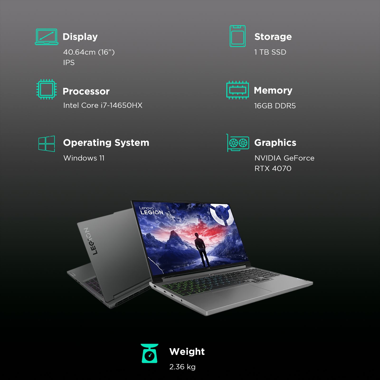 Lenovo Legion 5i 16IRX9 Intel Core i7 14th Gen Gaming Laptop (16GB, 1TB SSD, Windows 11 Home, 8GB Graphics, 16 inch 165 Hz WQXGA IPS Display, NVIDIA GeForce RTX 4070, MS Office Home & Student 2021, Luna Grey, 2.36 KG)_3