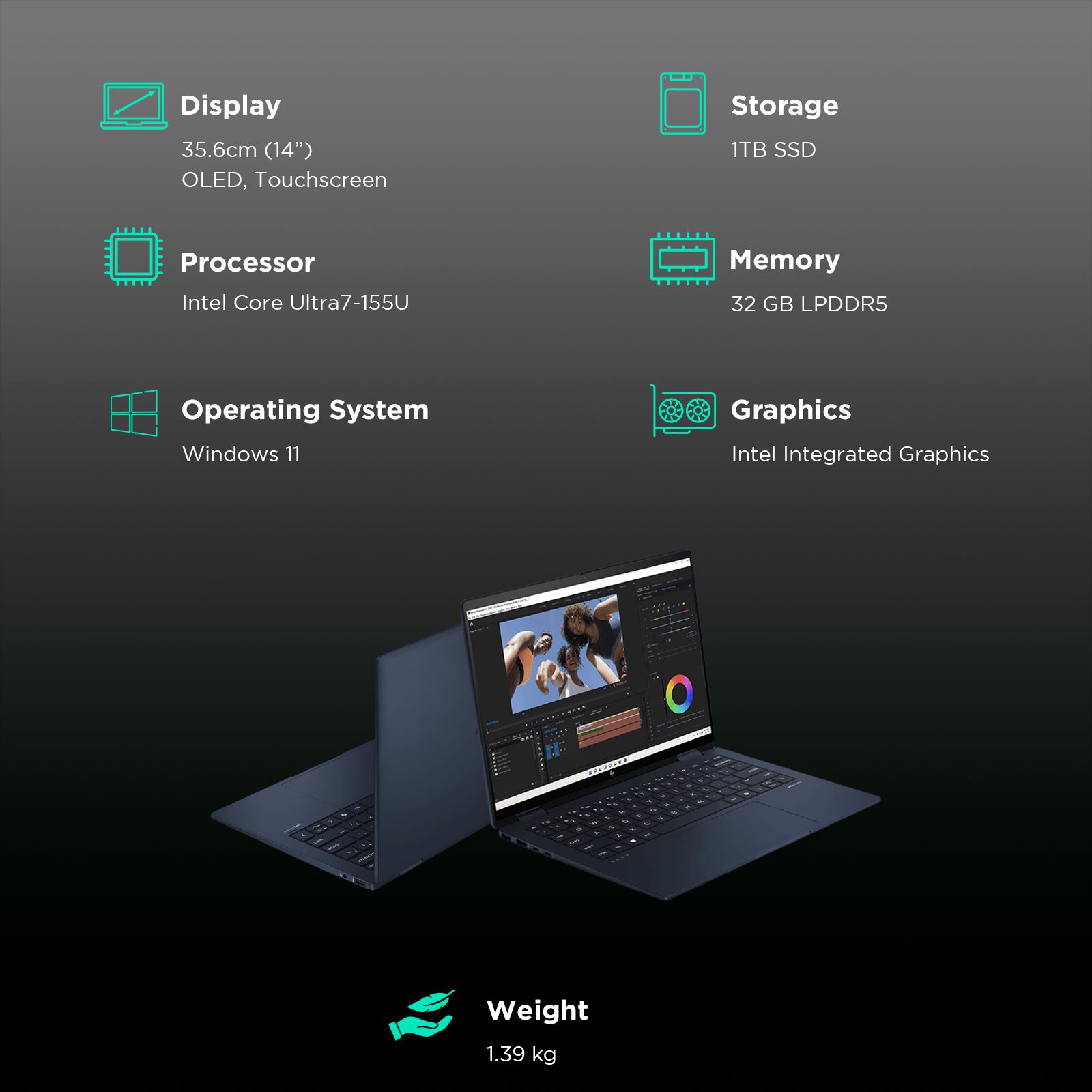 HP Envy x360 14 fc0100TU Intel Core Ultra 7 Touchscreen 2-in-1 Laptop (32GB, 1TB SSD, Windows 11 Home, 14 inch OLED Display, MS Office 2021, Atmospheric Blue, 1.39 KG)_3