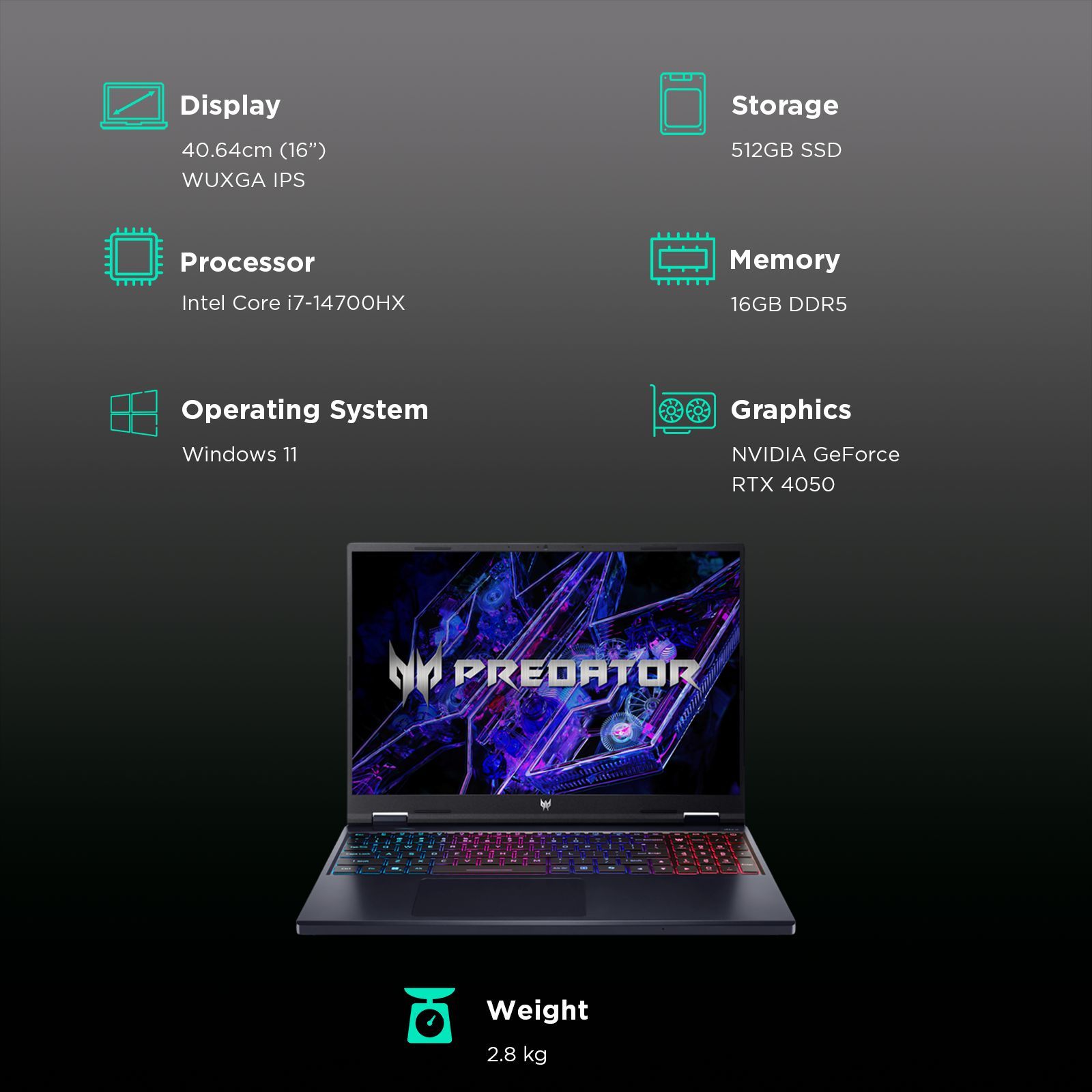 acer Predator Helios Neo 16 Intel Core i7 14th Gen Gaming Laptop (16GB, 512GB SSD, Windows 11 Home, 6GB Graphics, 16 inch 165 Hz WUXGA IPS Display, NVIDIA GeForce RTX 4050, Abyssal Black, 2.8 KG)_3