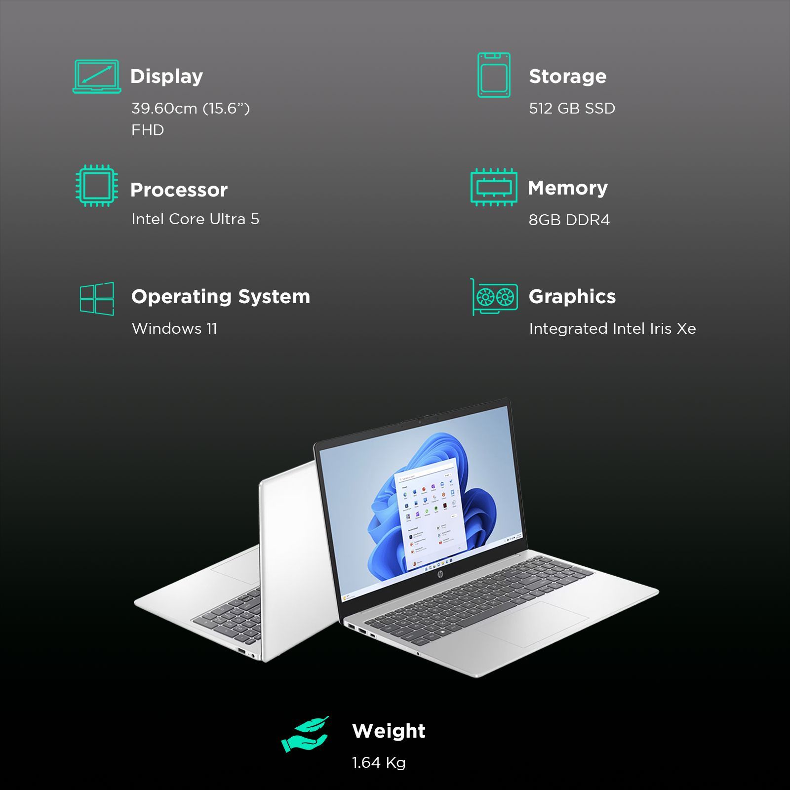 HP FD1098TU Intel Core Ultra 5 Thin and Light Laptop (8GB, 512GB SSD, Windows 11 Home, 15.6 inch Full HD Display, MS Office 2021, Natural Silver, 1.59 KG)_3