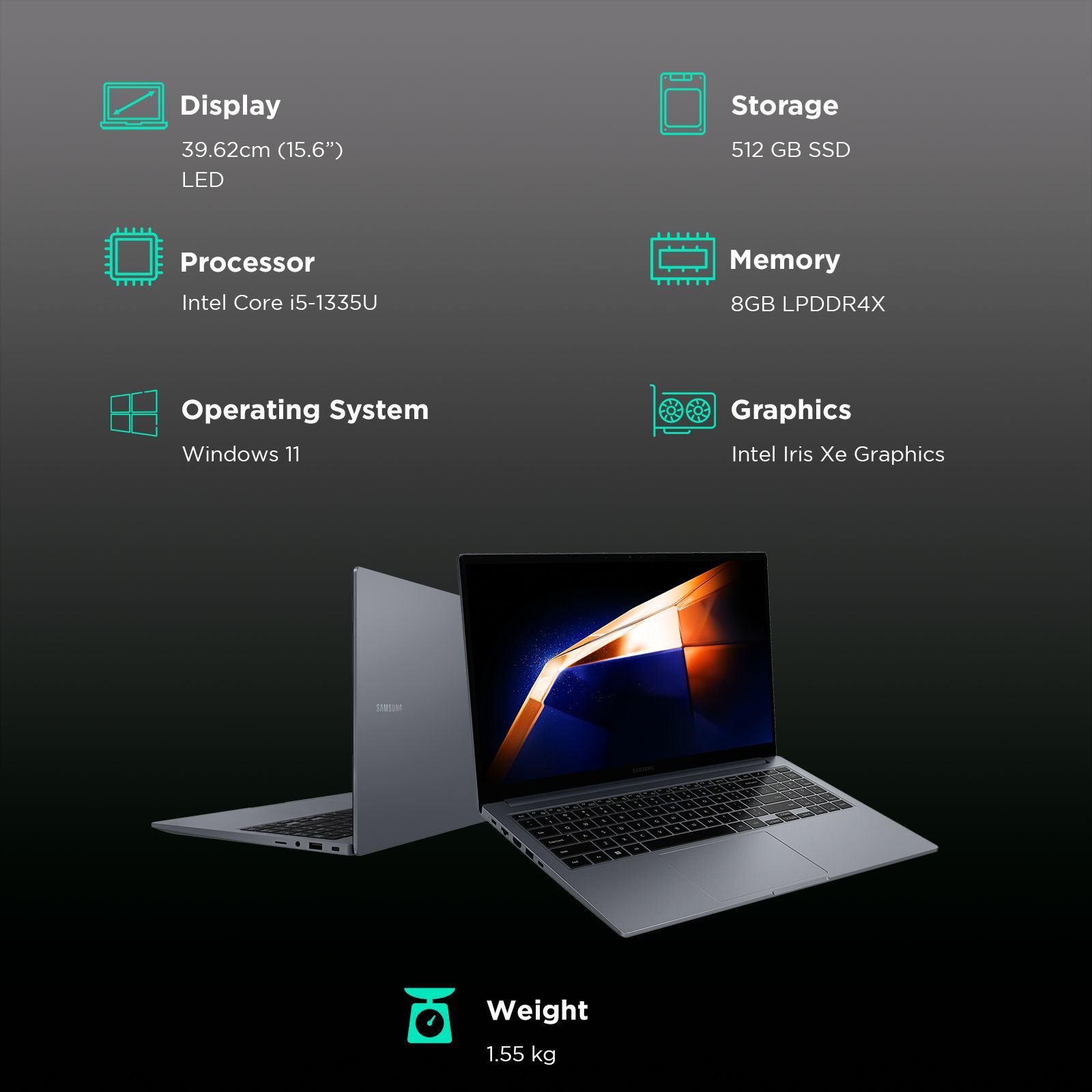SAMSUNG Galaxy Book4 Intel Core i5 13th Gen Thin & Light Laptop (8GB, 512GB SSD, Windows 11 Home, 15.6 inch Full HD LED Display, MS Office 2021, Grey, 1.55 KG)_3