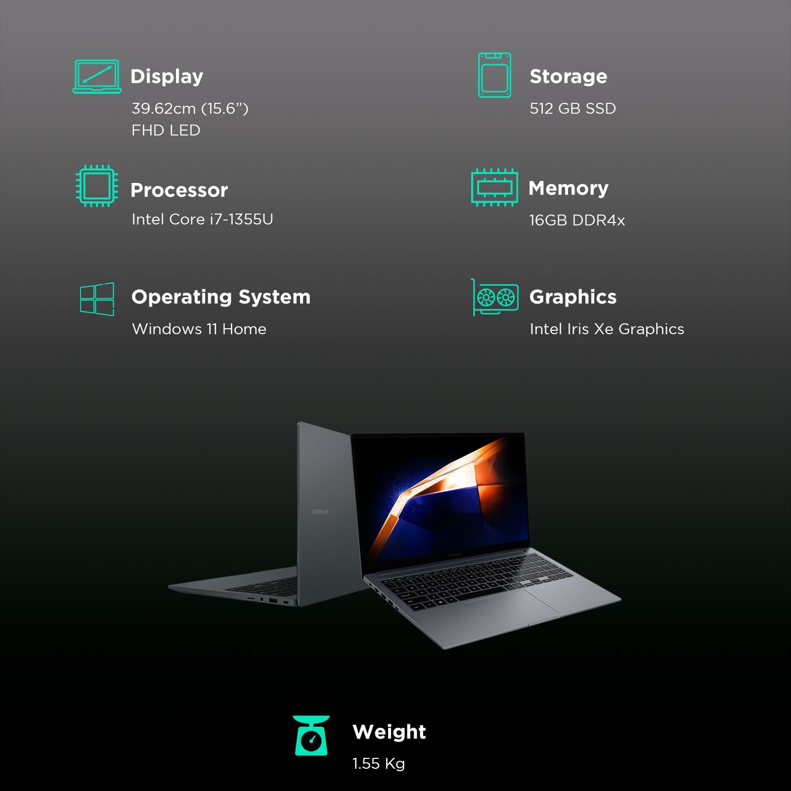 SAMSUNG Galaxy Book4 Intel Core i7 13th Gen Thin & Light Laptop (16GB, 512GB SSD, Windows 11 Home, 15.6 inch Full HD LED Display, MS Office 2021, Grey, 1.55 KG)_3