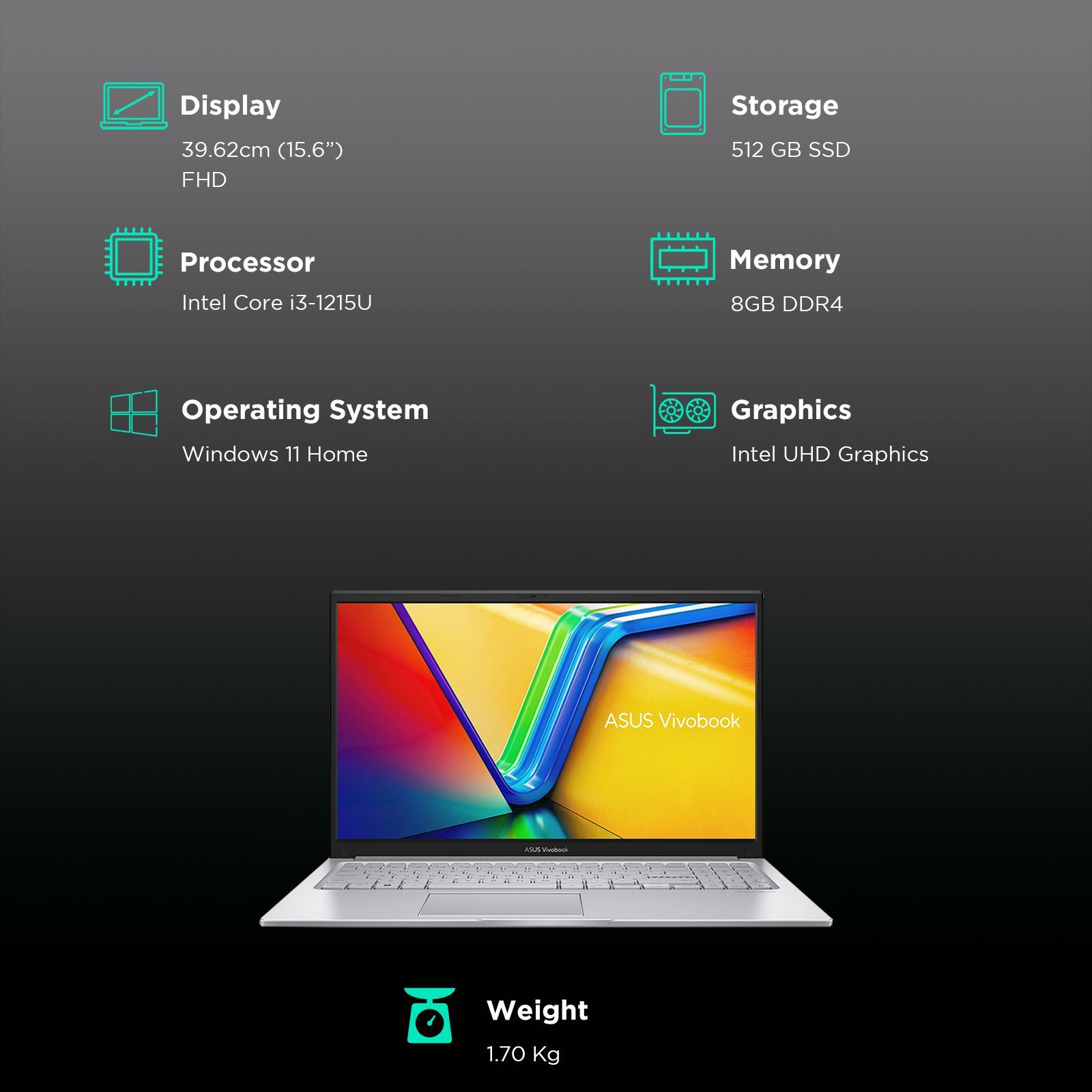 ASUS Vivo book 15 Intel Core i3 12th Gen Laptop (8GB, 512GB SSD, Windows 11 Home, 15.6 inch Full HD Display, MS Office 2021, Cool Silver, 1.7 KG)_3