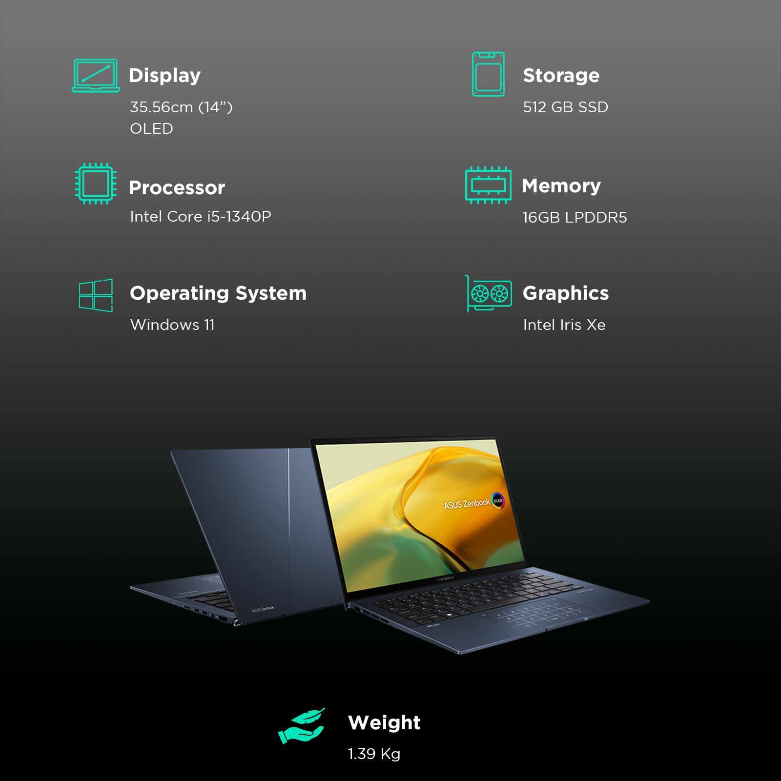 ASUS Zenbook 14 UX3402VA-KN541WS Intel Core i5 13th Gen Touchscreen Thin & Light Laptop (16B, 512GB SSD, Windows 11 Home, 14 inch 2.8K OLED Display, Office Home and Student 2021, Ponder Blue, 1.39 KG)_3