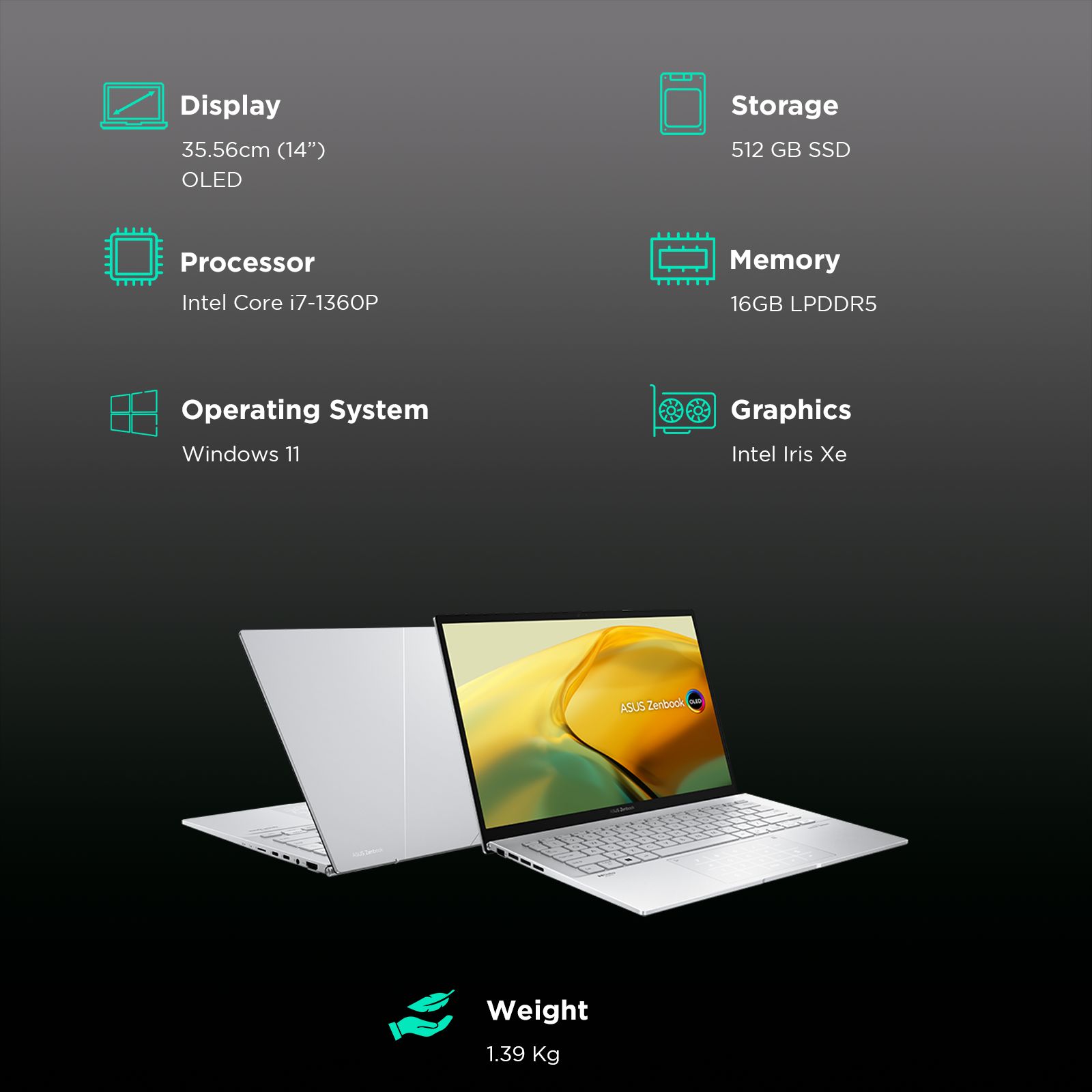 ASUS Zenbook 14 Intel Core i7 13th Gen Laptop (16B, 512GB SSD, Windows 11 Home, 14 inch OLED Display, Foggy Silver, 1.39 KG)_3