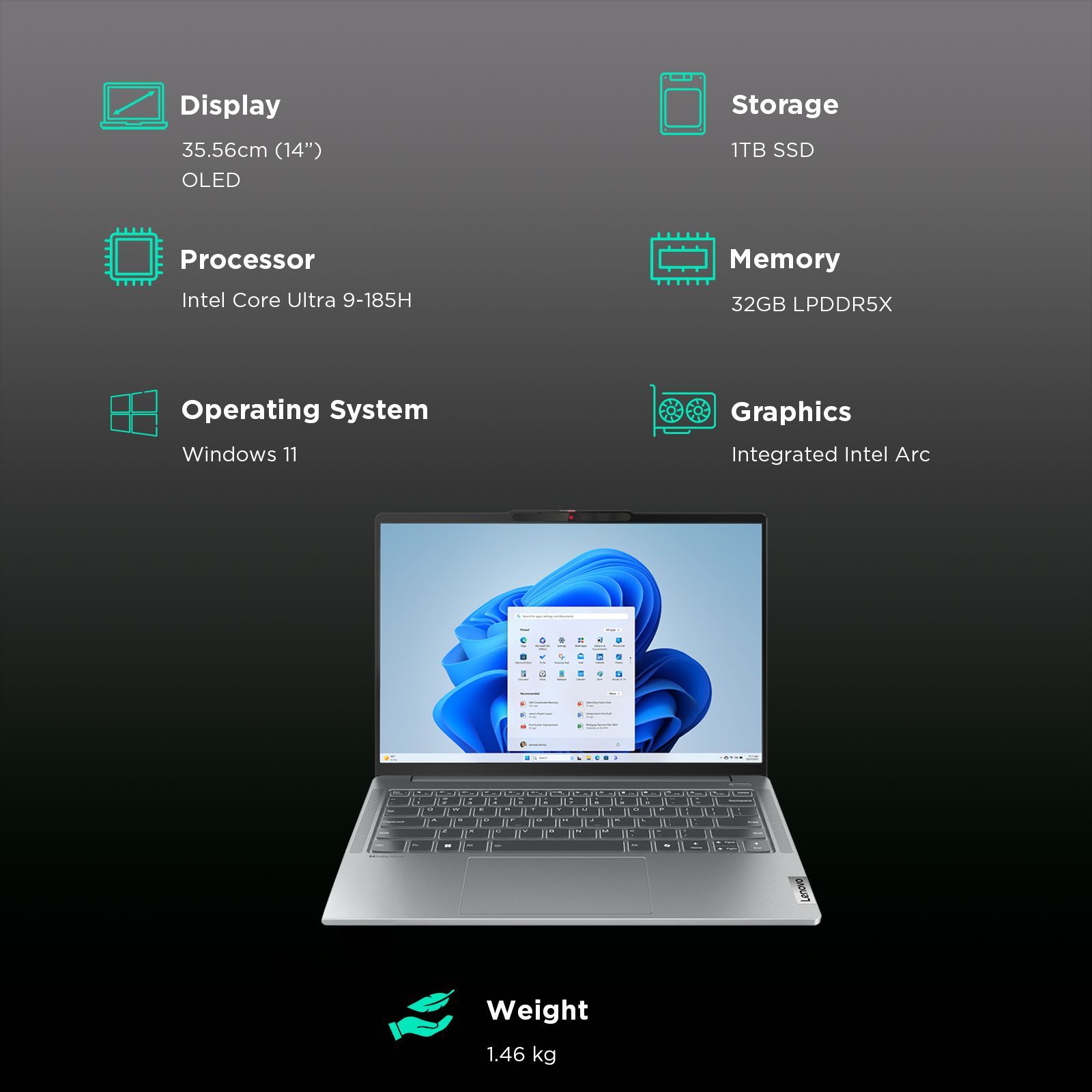Lenovo IdeaPad Pro 5 14IMH9 Intel Core Ultra 9 Thin and Light Laptop (32GB, 1TB SSD, Windows 11 Pro, 14 inch OLED Display, Office Home & Student 2021, Arctic Grey, 1.46 KG)_3