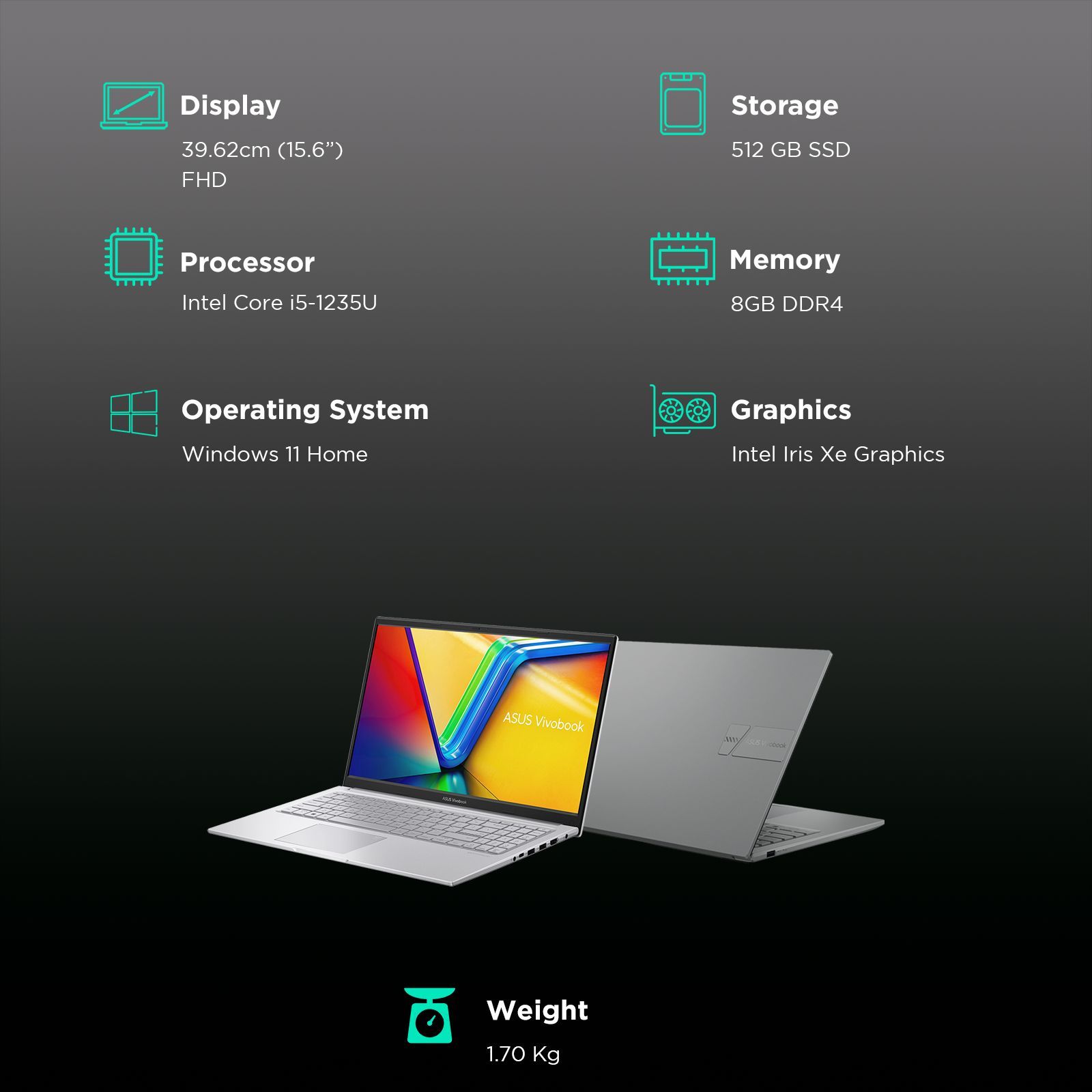 ASUS Vivobook 15 X1504ZA-NJ522WS Intel Core i5 12th Gen Thin & Light Laptop (8GB, 512GB SSD, Windows 11 Home, 15.6 inch Full HD Display, MS Office Home & Student 2021, Cool Silver, 1.70 KG)_3