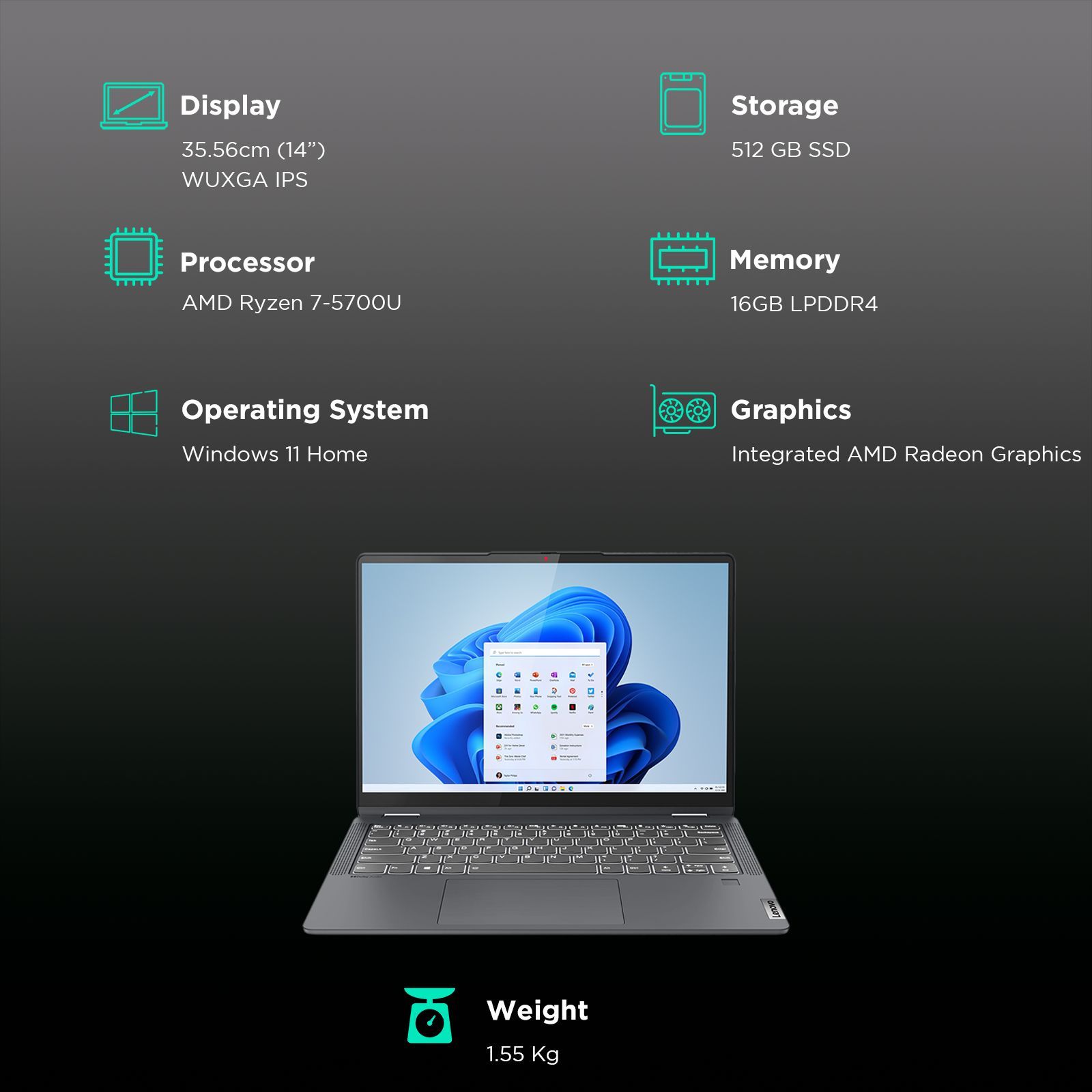 Lenovo IdeaPad Flex 5 14ALC7 AMD Ryzen 7 Touchscreen Laptop (16GB, 512GB SSD, Windows 11 Home, 14 inch WUXGA IPS Display, MS Office Home & Student 2021, Storm Grey, 1.55 KG)_3