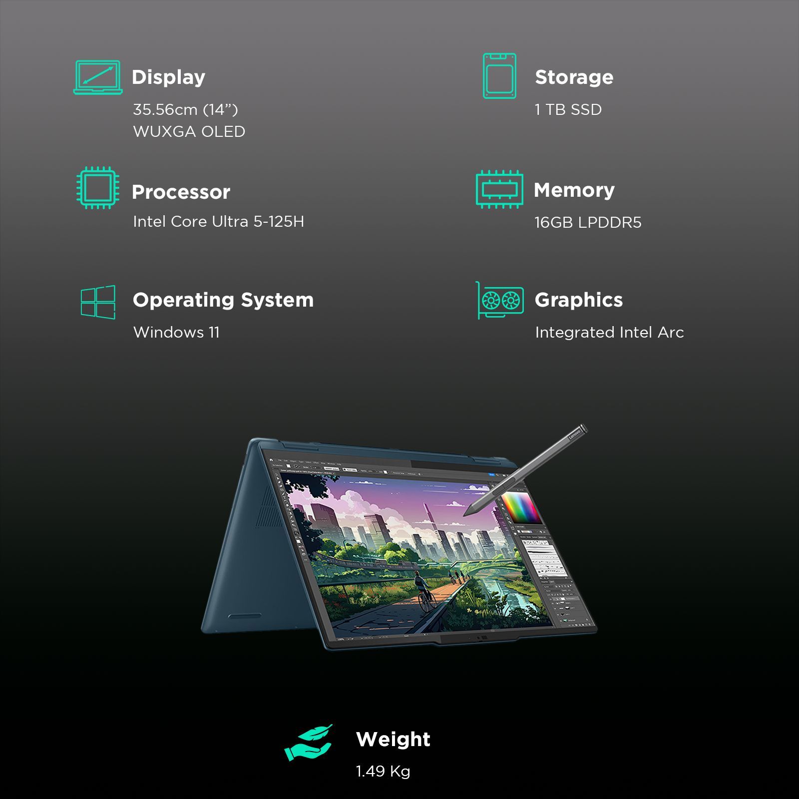 Lenovo Yoga 7 14IML9 Intel Core Ultra 5 Touchscreen 2-in-1 Laptop (16GB, 1TB SSD, Windows 11 Home, 14 inch WUXGA OLED Display, MS Office 2021, Tidal Teal, 1.49 KG)_3