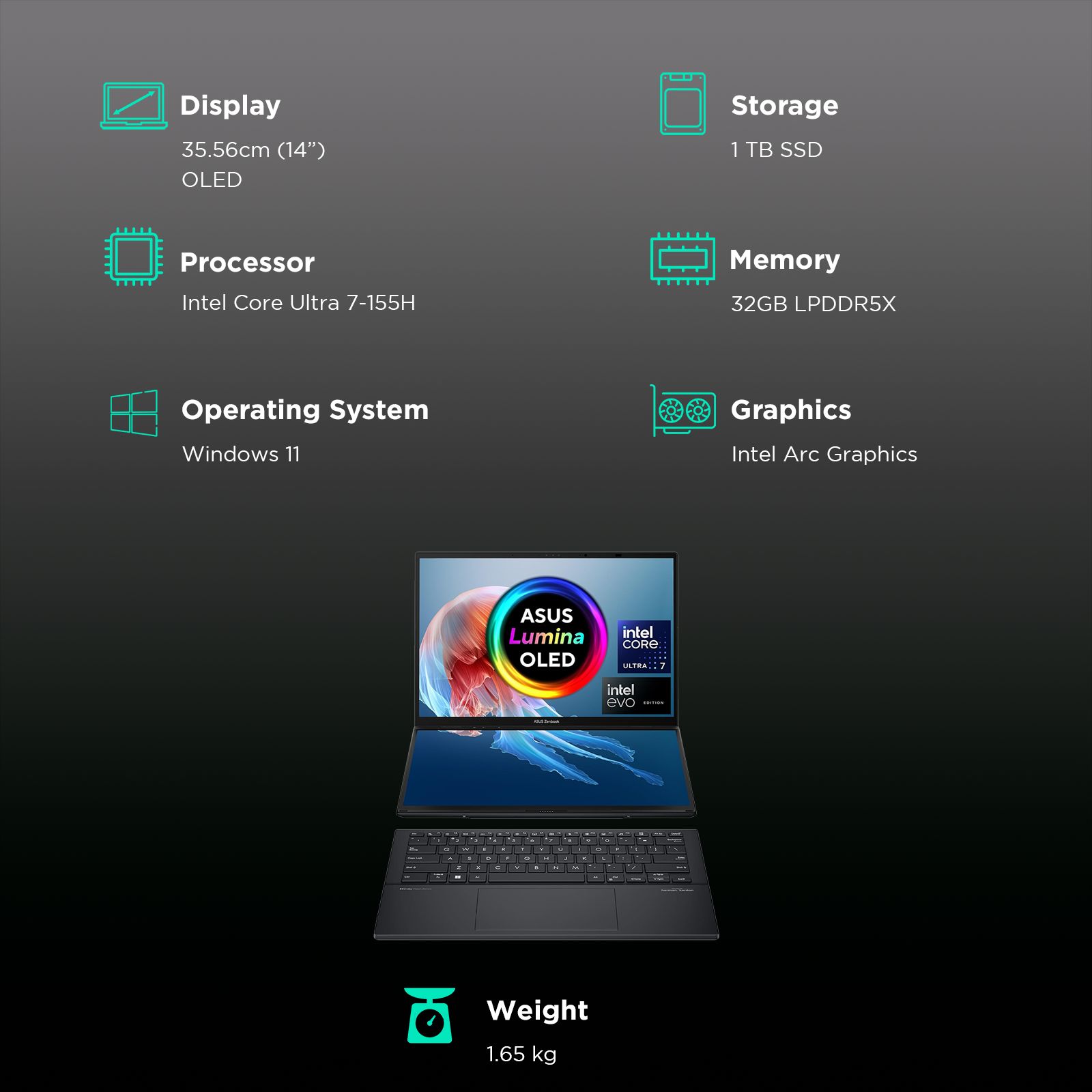 ASUS Zenbook Duo UX8406MA-QL761WS Intel Core Ultra 7 Touchscreen Thin & Light Laptop (32GB, 1TB SSD, Windows 11 Home, 14 inch Full HD OLED Display, MS Office Home & Student 2021, Inkwell Gray, 1.65 KG)_3