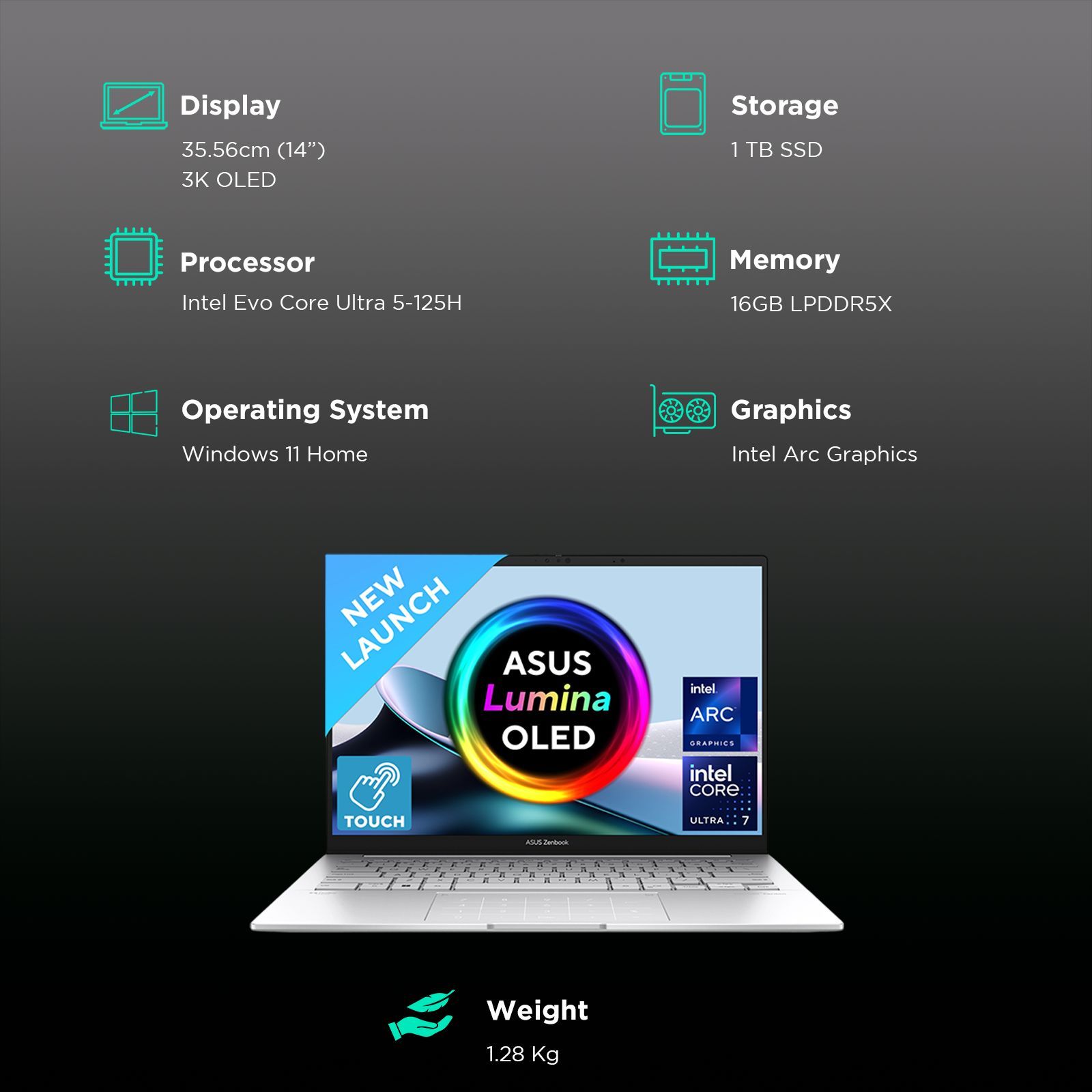 ASUS Zenbook 14 UX3405MA-PZ551WS Intel Evo Core Ultra 5 Touchscreen Thin & Light Laptop (16GB, 1TB SSD, Windows 11 Home, MS Office Home and Student 2021, 14 inch 3K OLED Display, Foggy Silver, 1.28 KG)_3